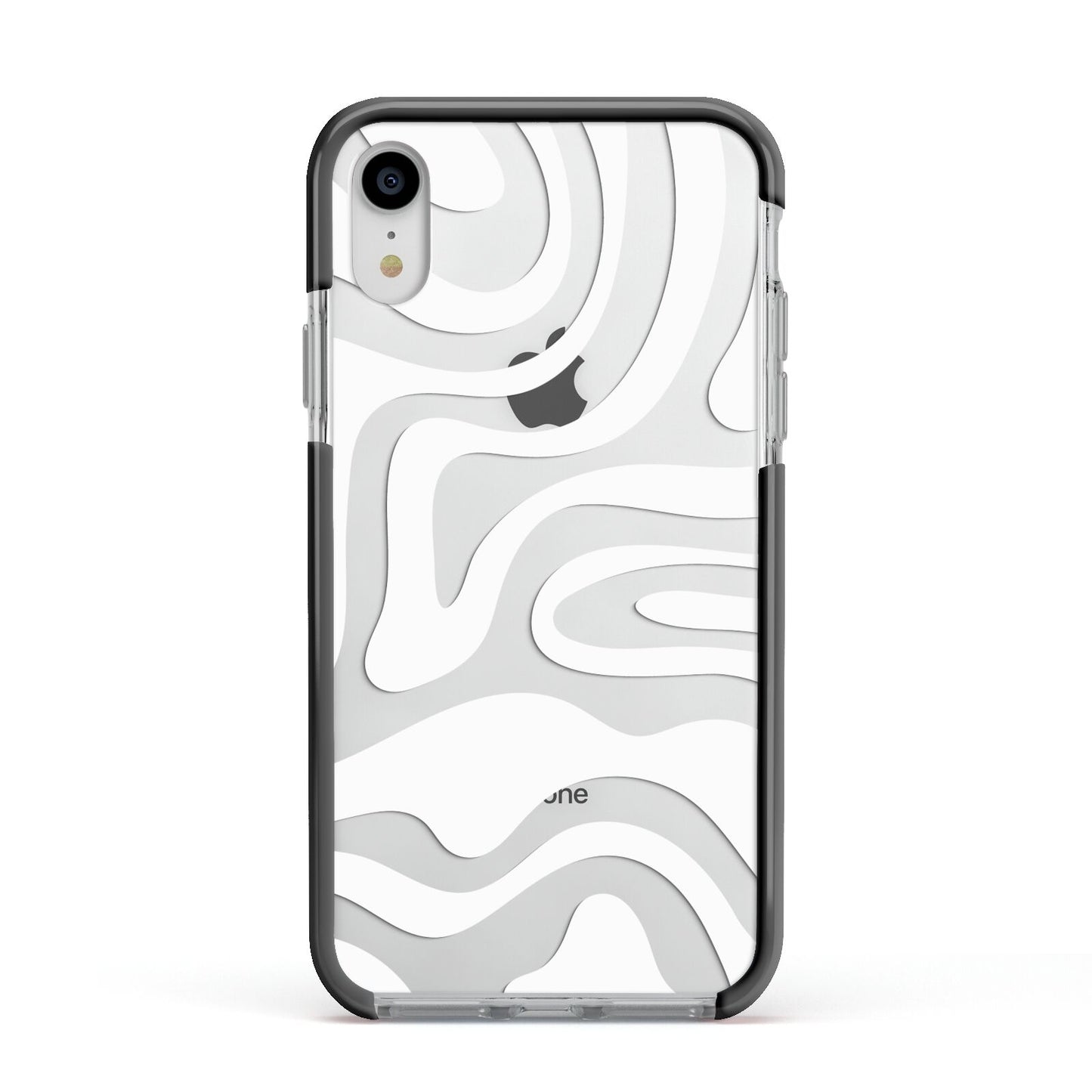 White Swirl Apple iPhone XR Impact Case Black Edge on Silver Phone