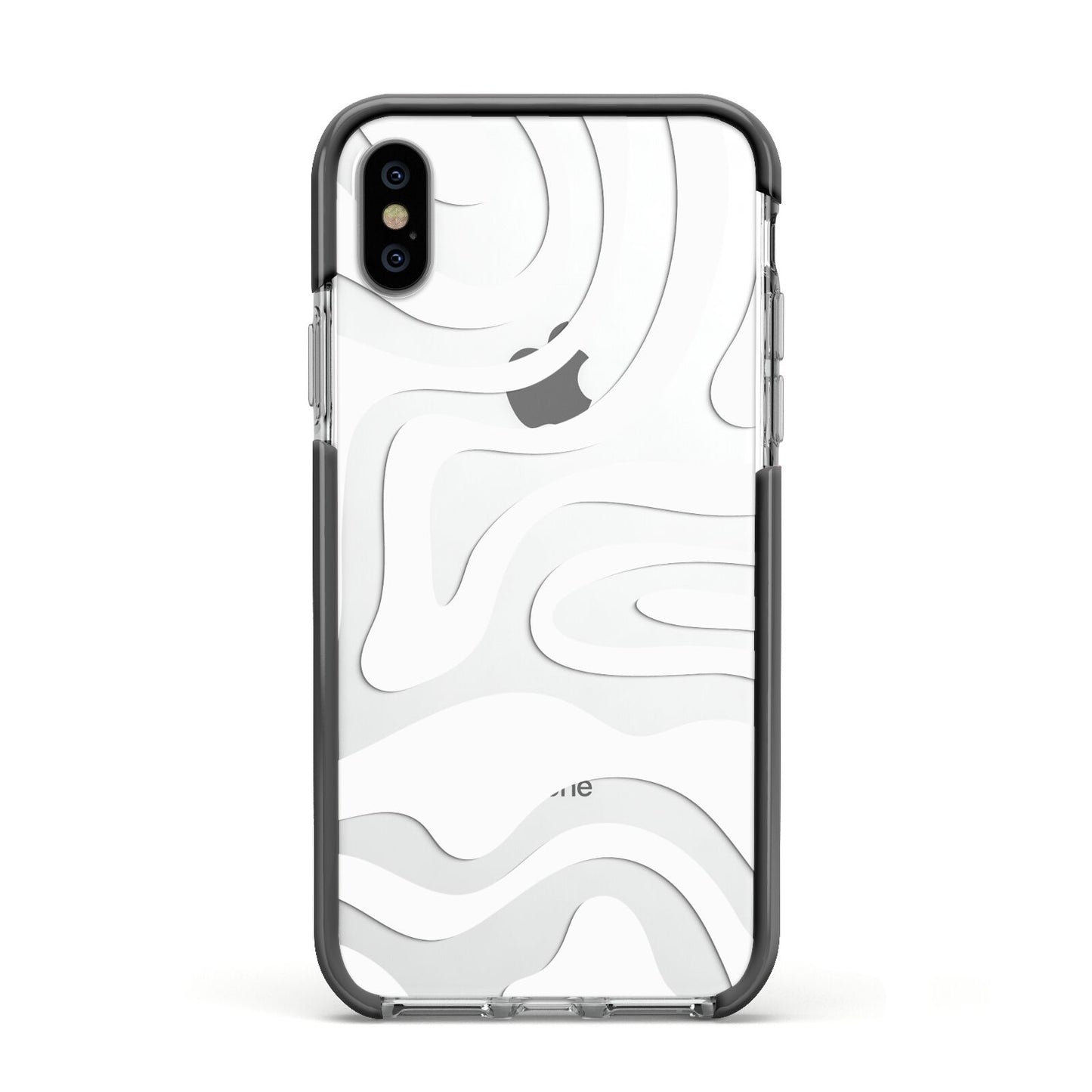 White Swirl Apple iPhone Xs Impact Case Black Edge on Silver Phone