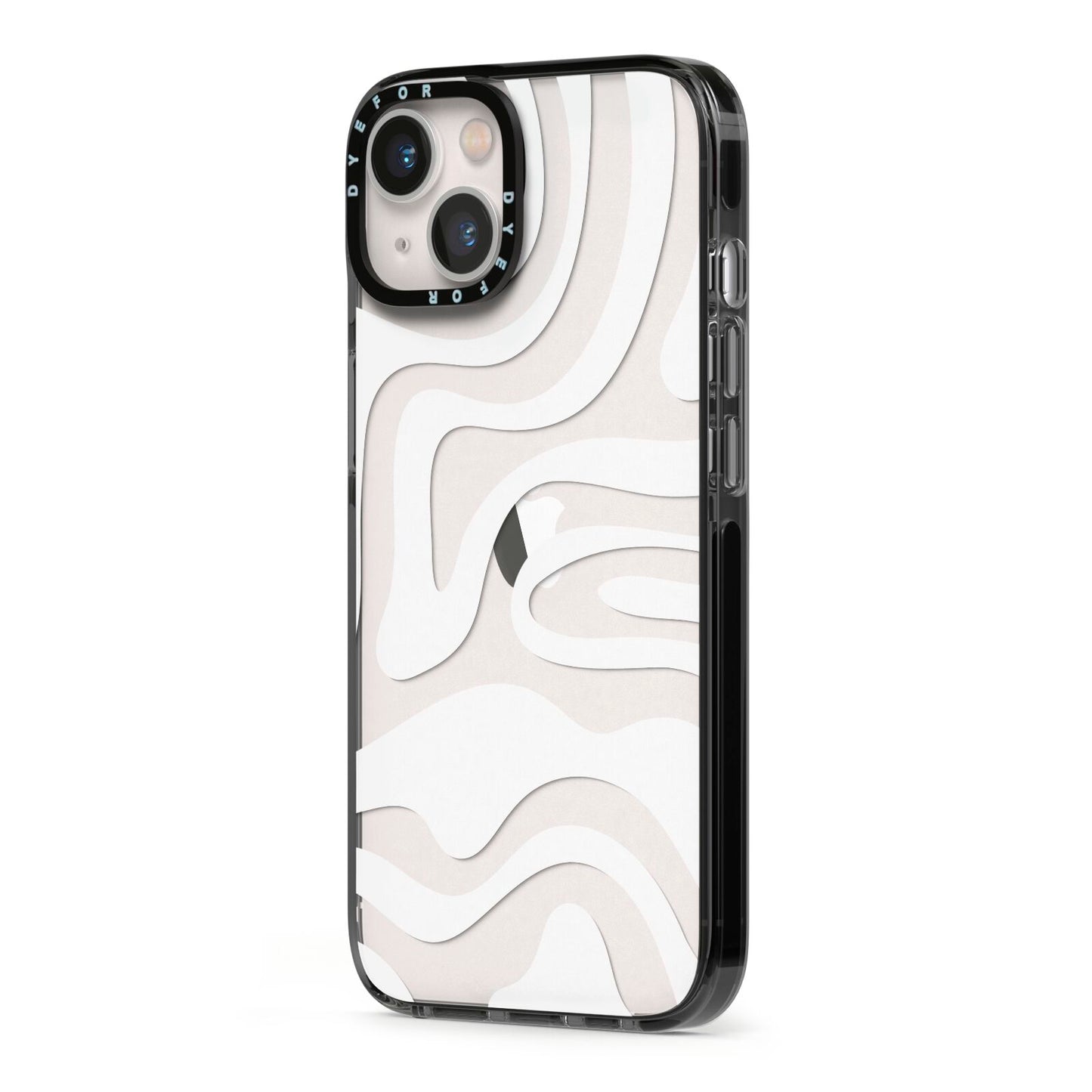 White Swirl iPhone 13 Black Impact Case Side Angle on Silver phone
