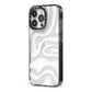 White Swirl iPhone 13 Pro Black Impact Case Side Angle on Silver phone