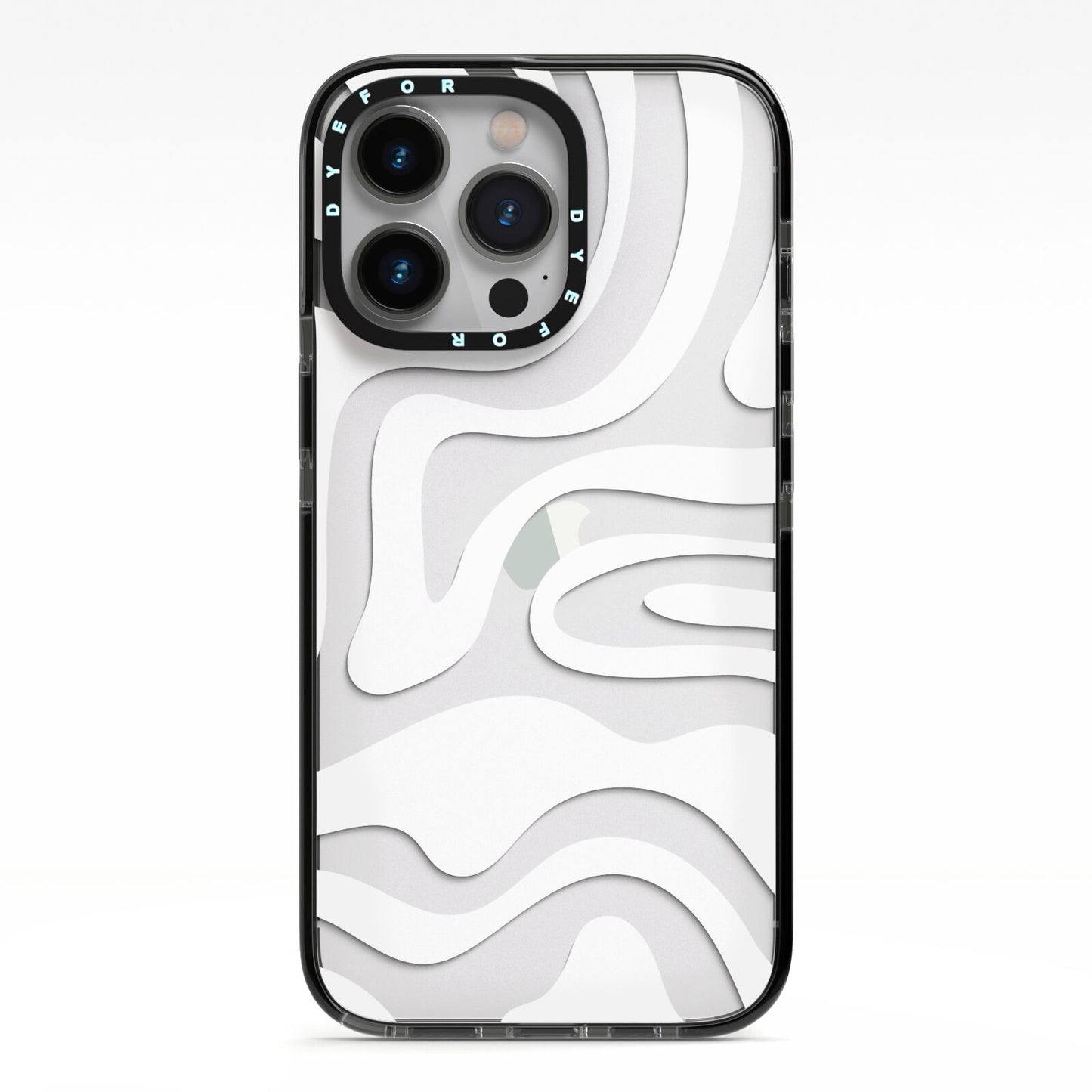 White Swirl iPhone 13 Pro Black Impact Case on Silver phone