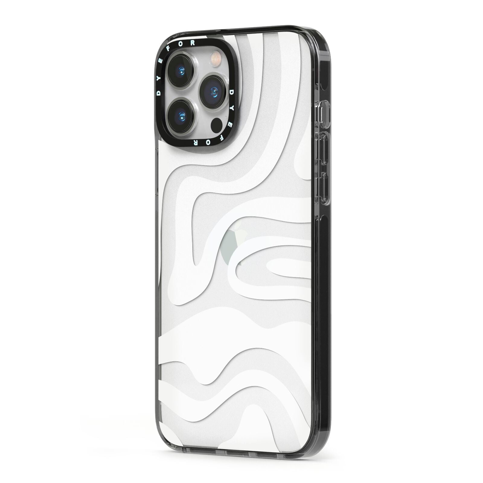 White Swirl iPhone 13 Pro Max Black Impact Case Side Angle on Silver phone