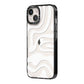 White Swirl iPhone 14 Black Impact Case Side Angle on Silver phone