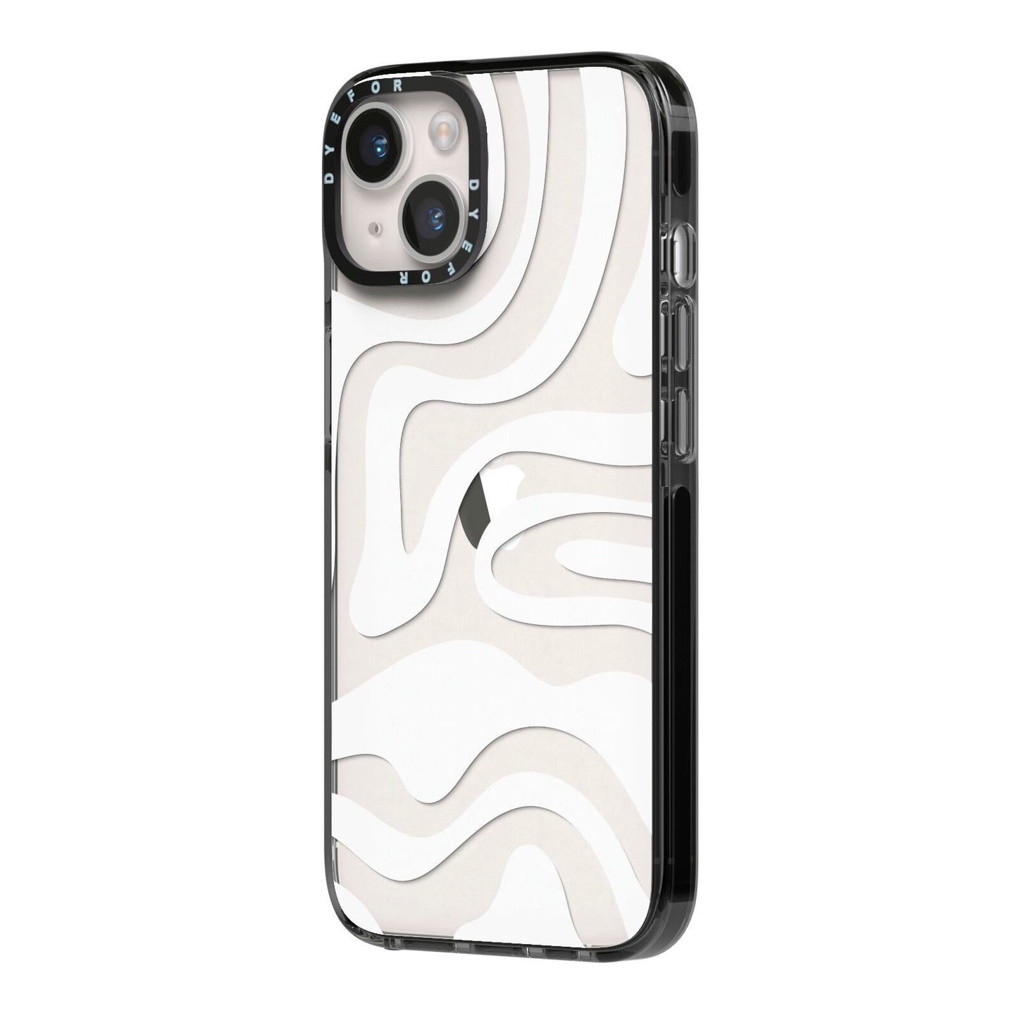 White Swirl iPhone 14 Black Impact Case Side Angle on Silver phone