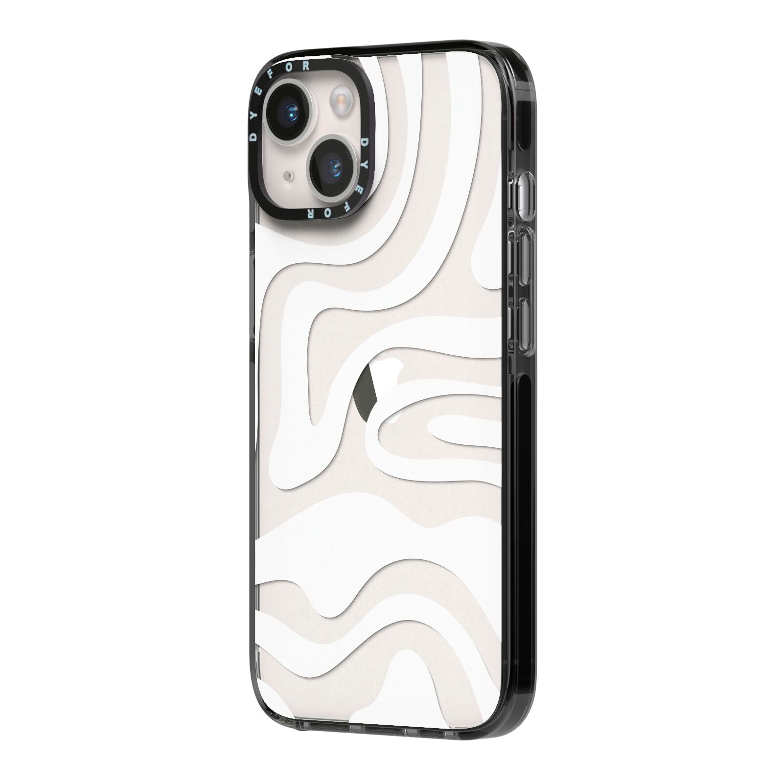 White Swirl iPhone 14 Black Impact Case Side Angle on Silver phone