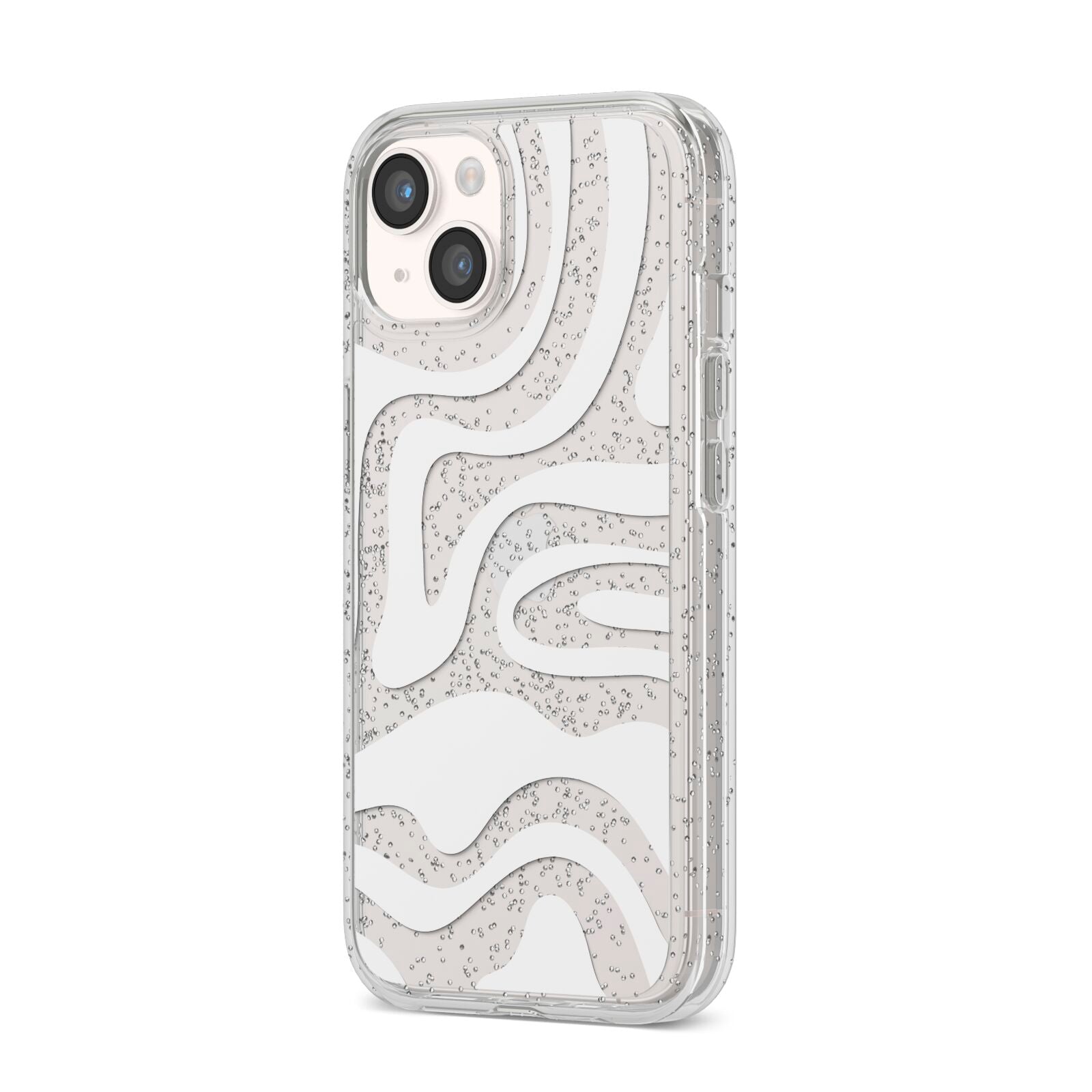 White Swirl iPhone 14 Glitter Tough Case Starlight Angled Image
