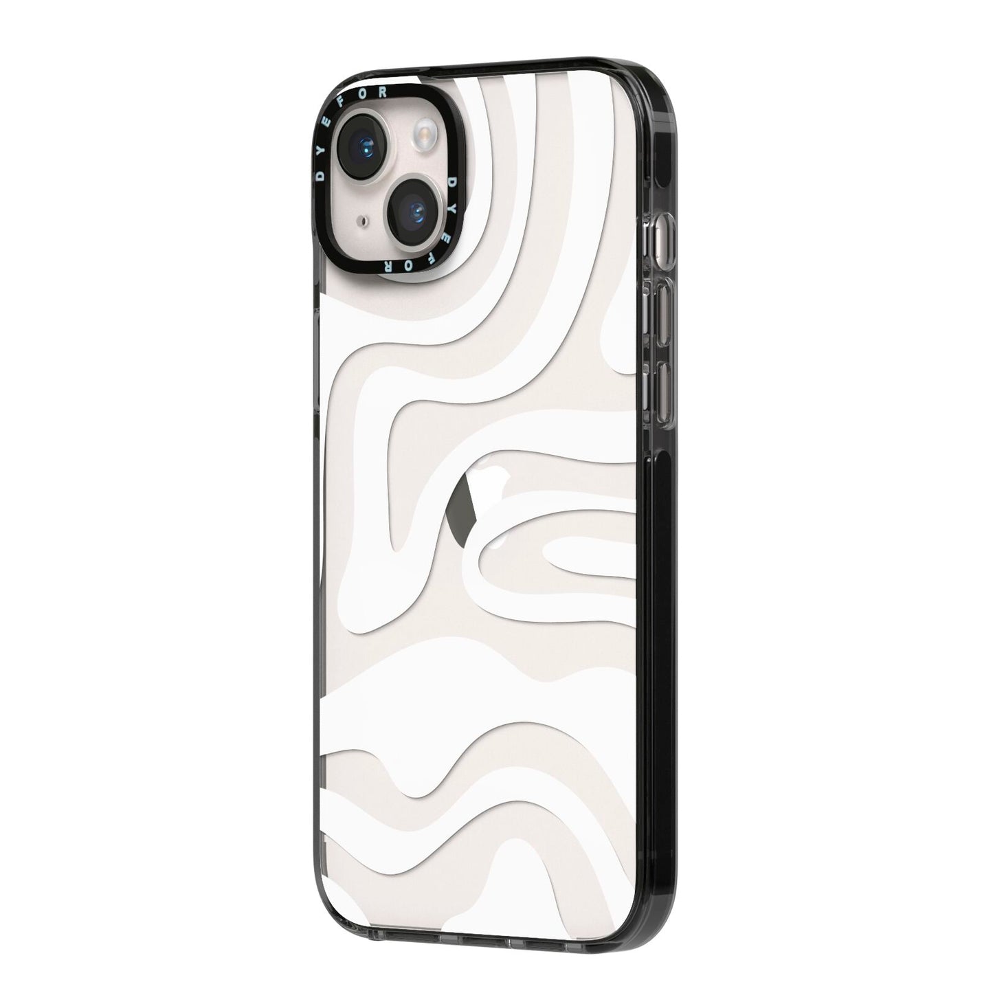White Swirl iPhone 14 Plus Black Impact Case Side Angle on Silver phone