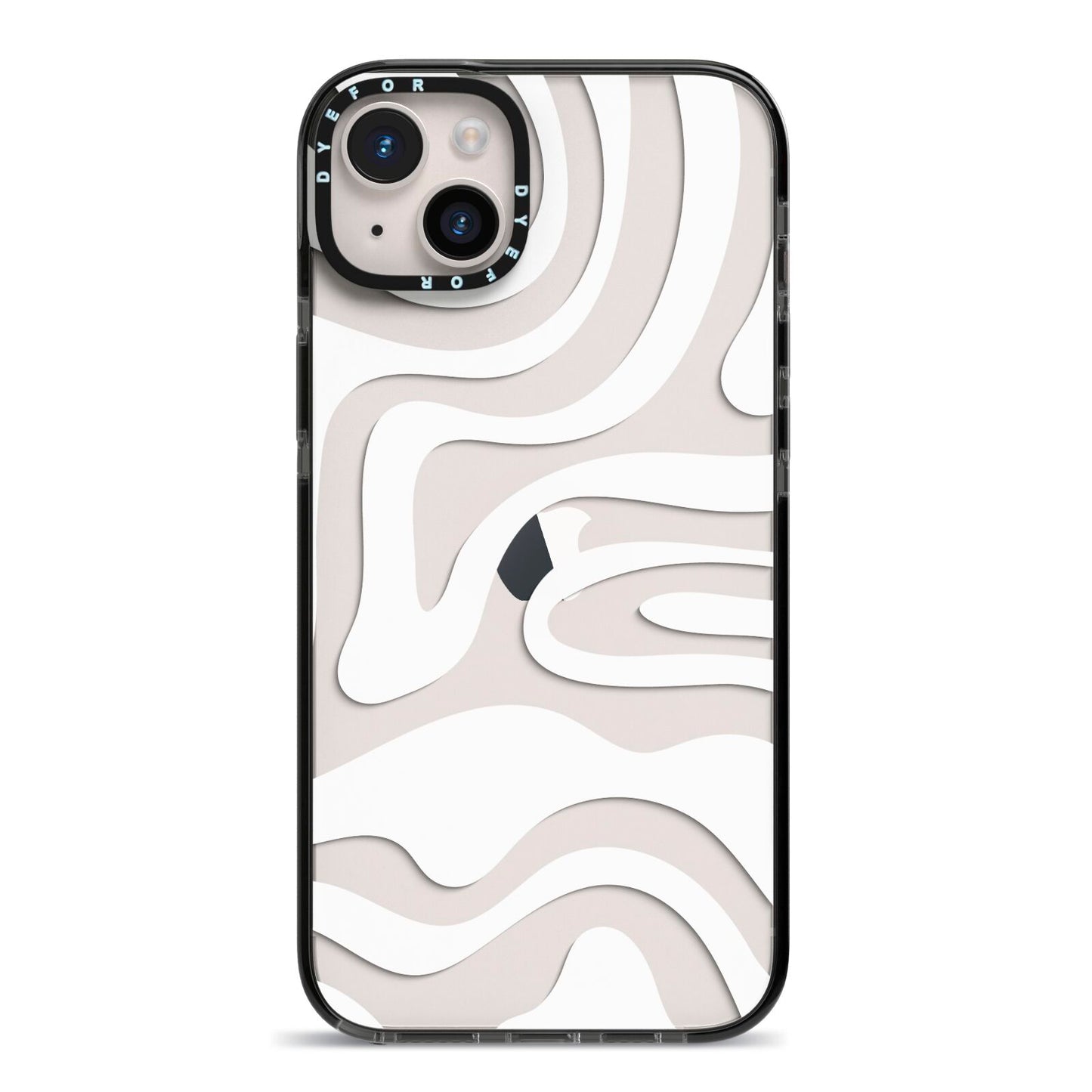 White Swirl iPhone 14 Plus Black Impact Case on Silver phone