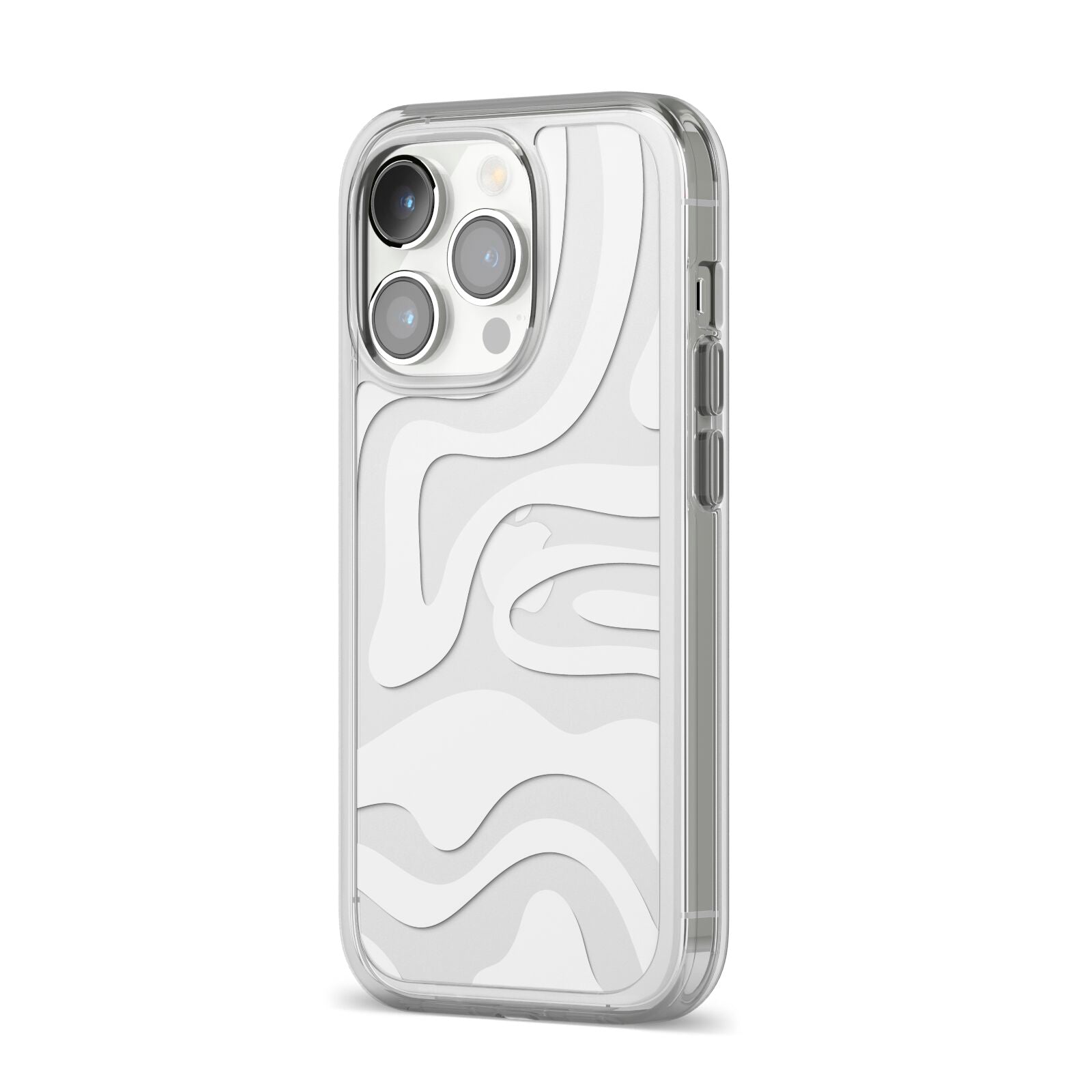 White Swirl iPhone 14 Pro Clear Tough Case Silver Angled Image