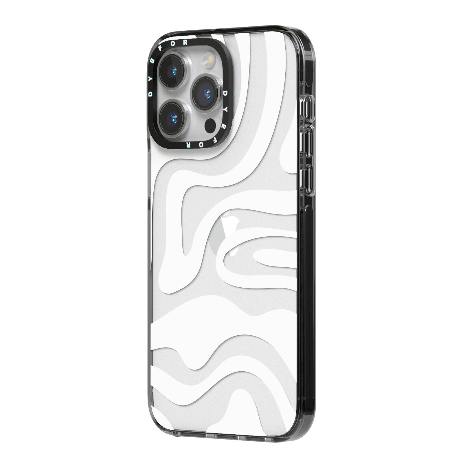 White Swirl iPhone 14 Pro Max Black Impact Case Side Angle on Silver phone