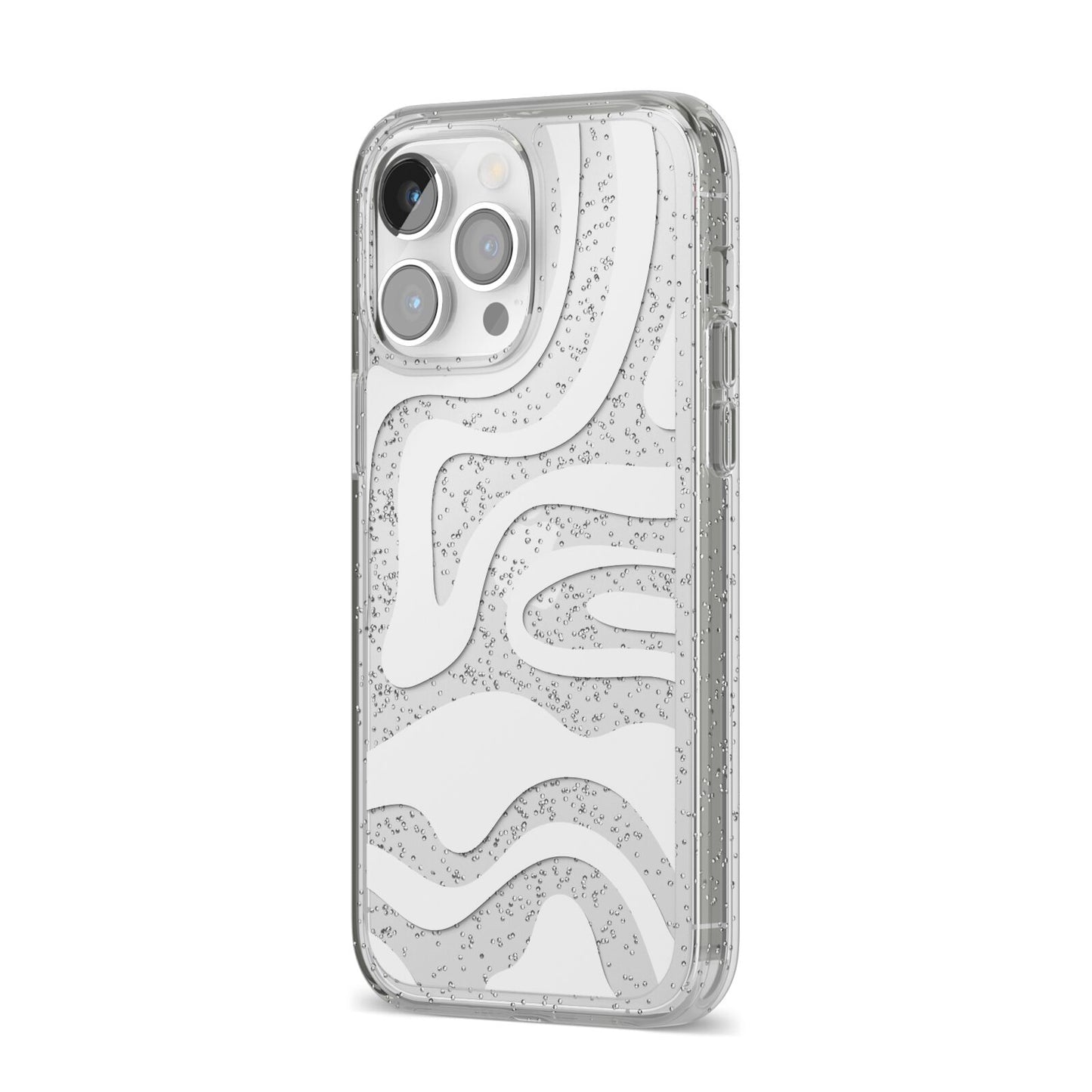 White Swirl iPhone 14 Pro Max Glitter Tough Case Silver Angled Image