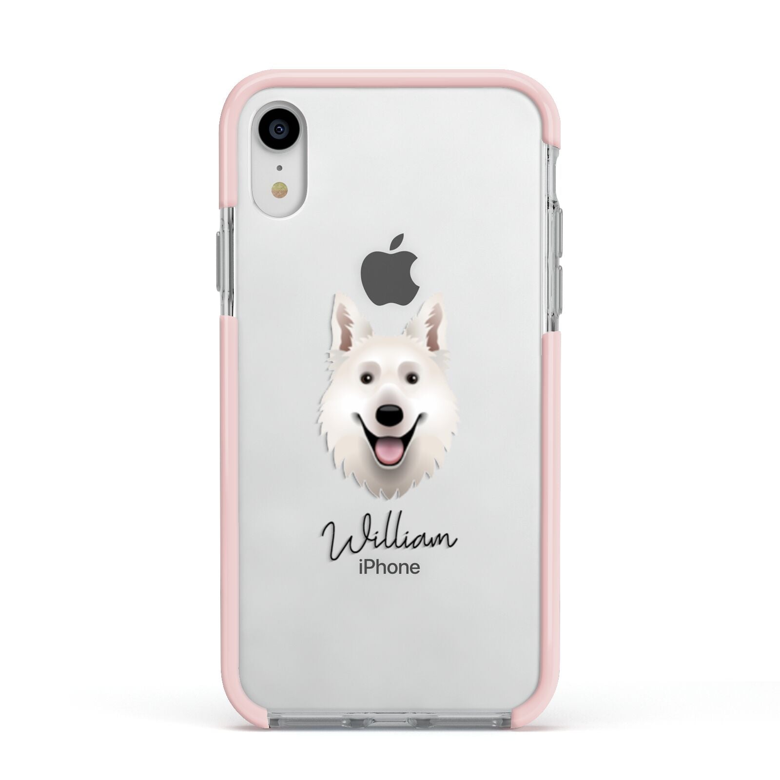 White Swiss Shepherd Dog Personalised Apple iPhone XR Impact Case Pink Edge on Silver Phone
