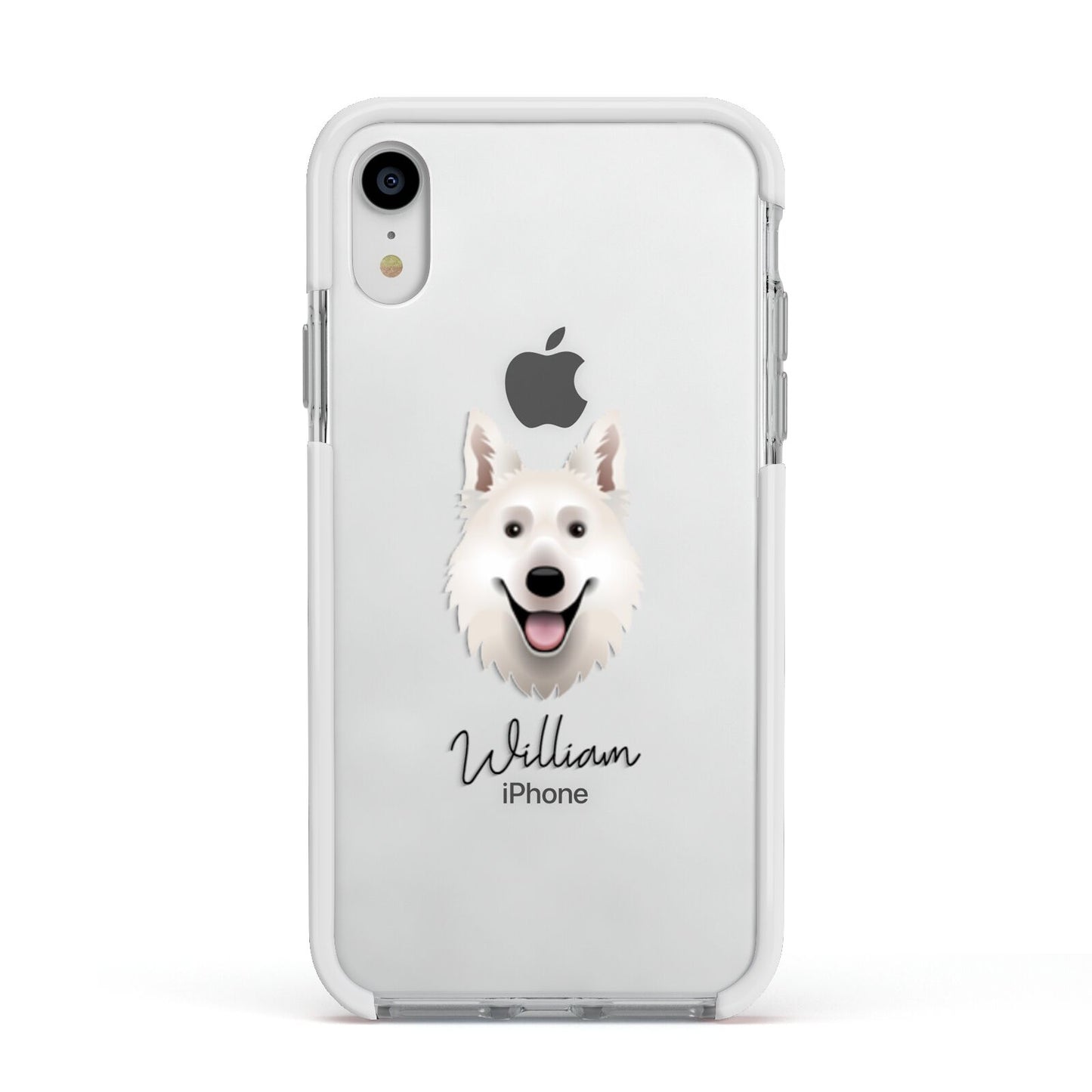 White Swiss Shepherd Dog Personalised Apple iPhone XR Impact Case White Edge on Silver Phone