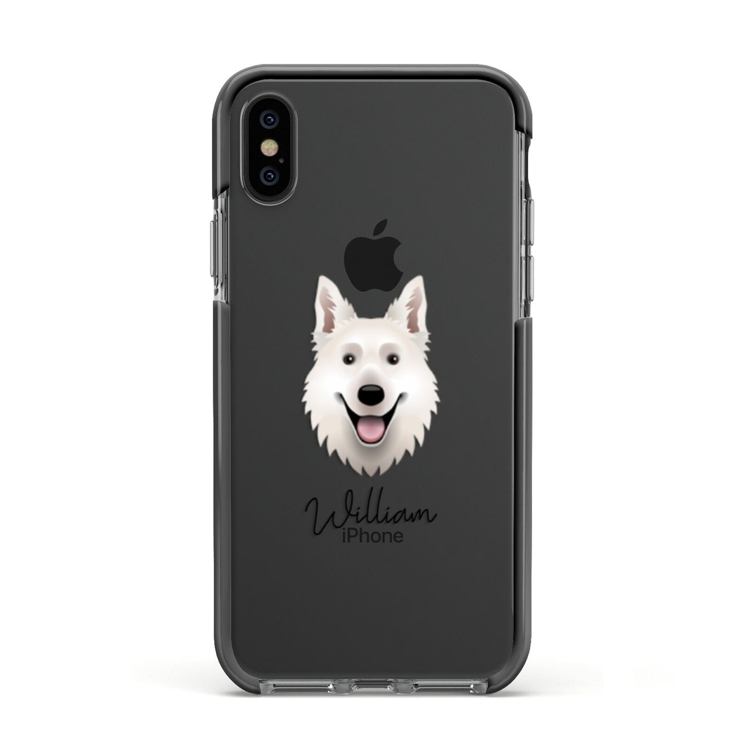White Swiss Shepherd Dog Personalised Apple iPhone Xs Impact Case Black Edge on Black Phone