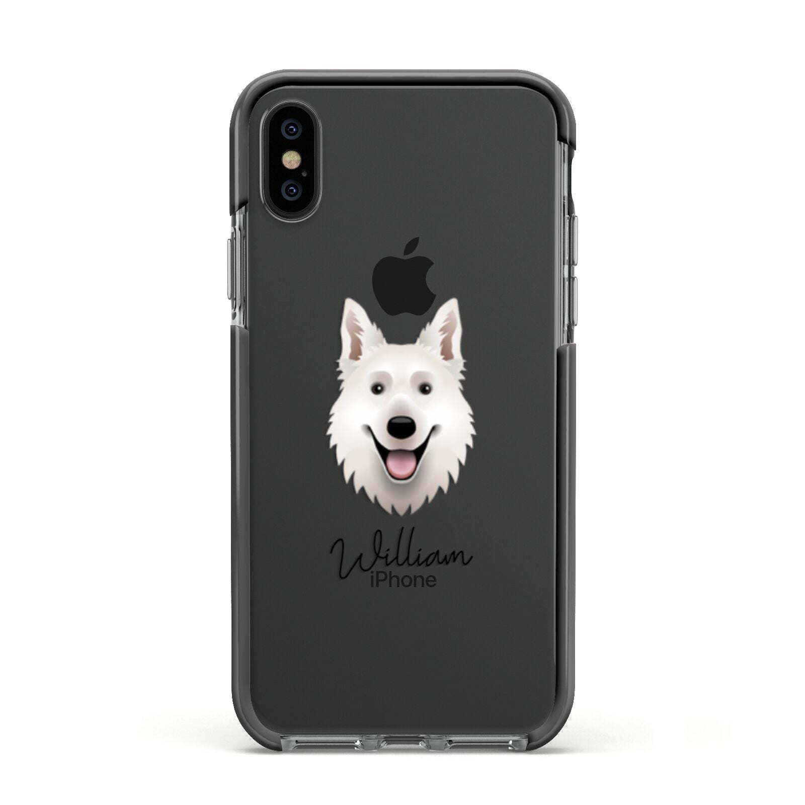 White Swiss Shepherd Dog Personalised Apple iPhone Xs Impact Case Black Edge on Black Phone