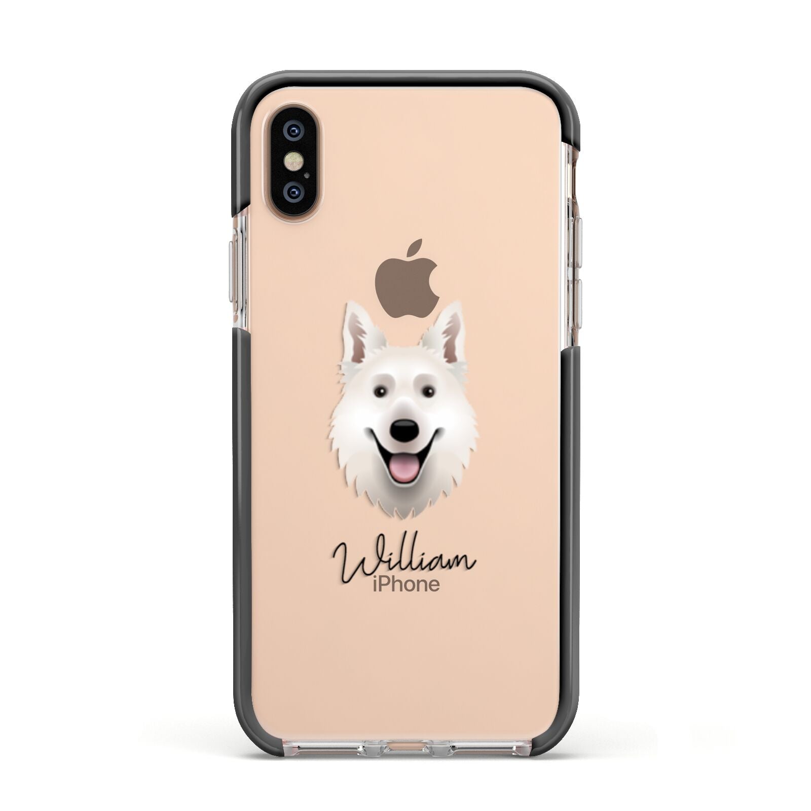 White Swiss Shepherd Dog Personalised Apple iPhone Xs Impact Case Black Edge on Gold Phone