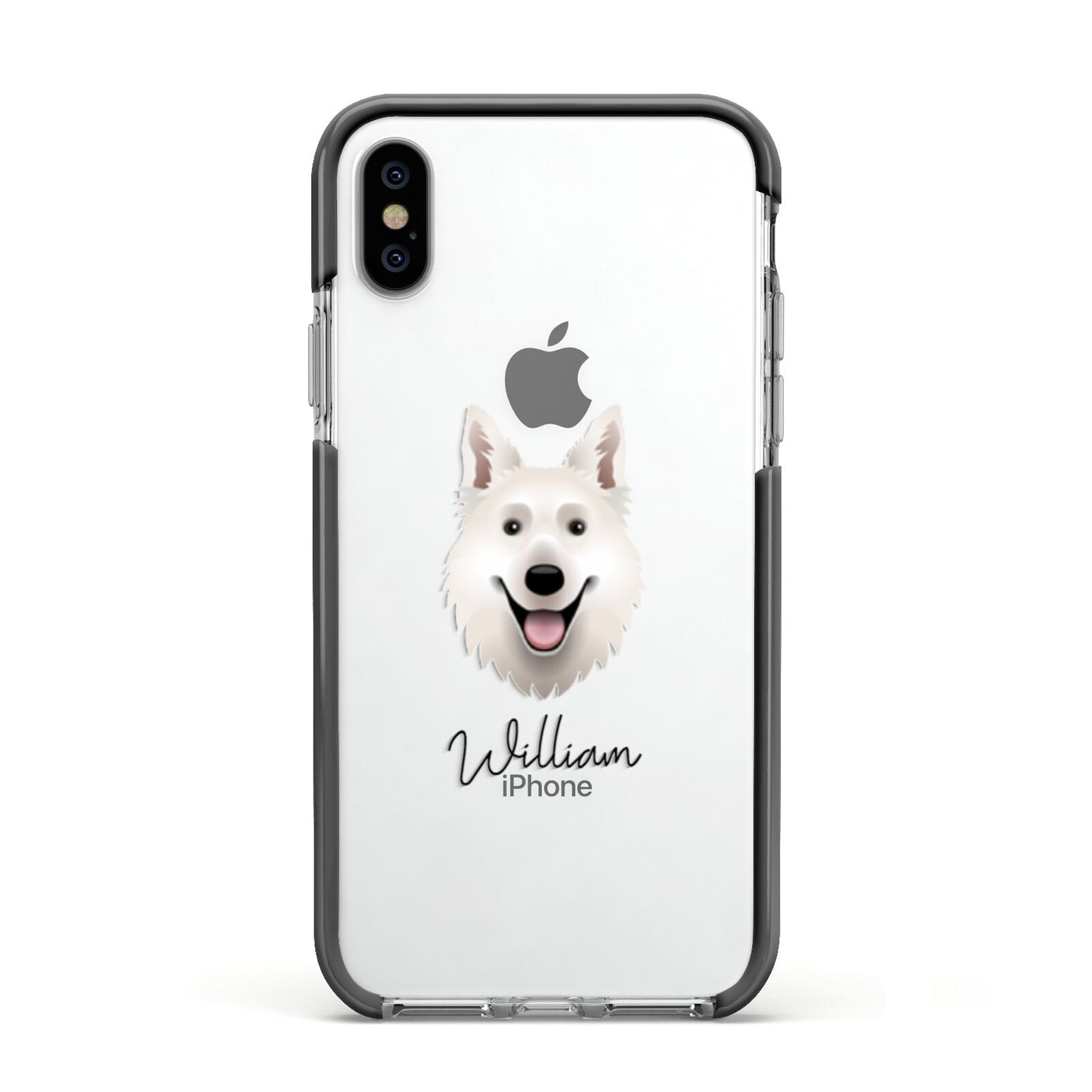 White Swiss Shepherd Dog Personalised Apple iPhone Xs Impact Case Black Edge on Silver Phone