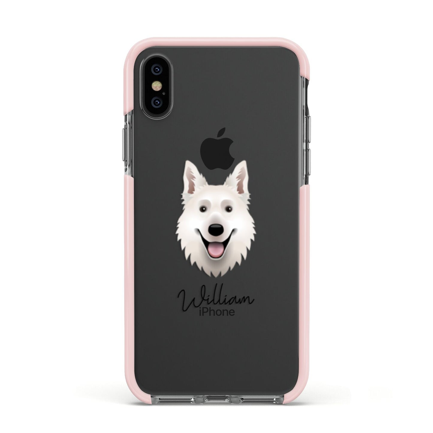 White Swiss Shepherd Dog Personalised Apple iPhone Xs Impact Case Pink Edge on Black Phone