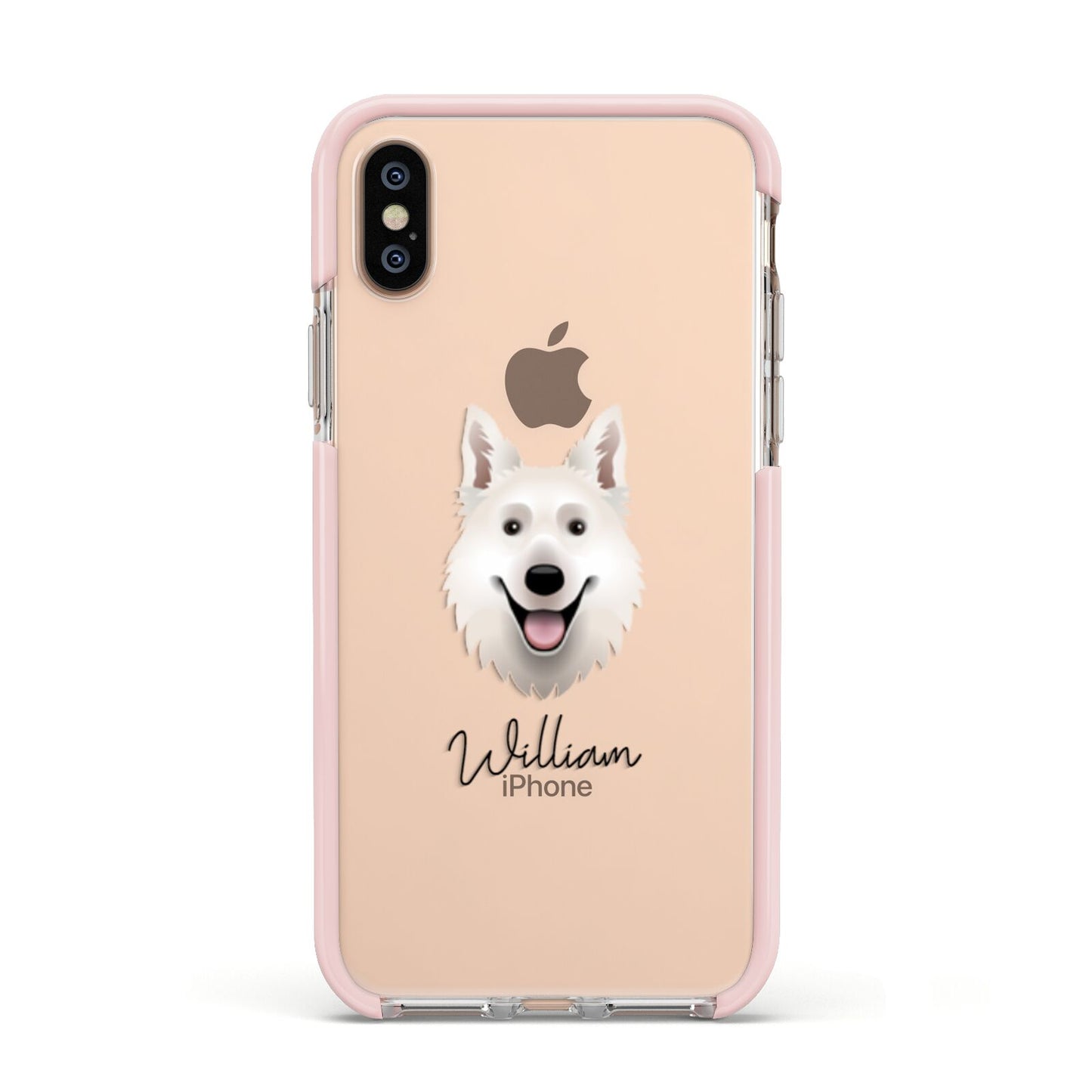 White Swiss Shepherd Dog Personalised Apple iPhone Xs Impact Case Pink Edge on Gold Phone