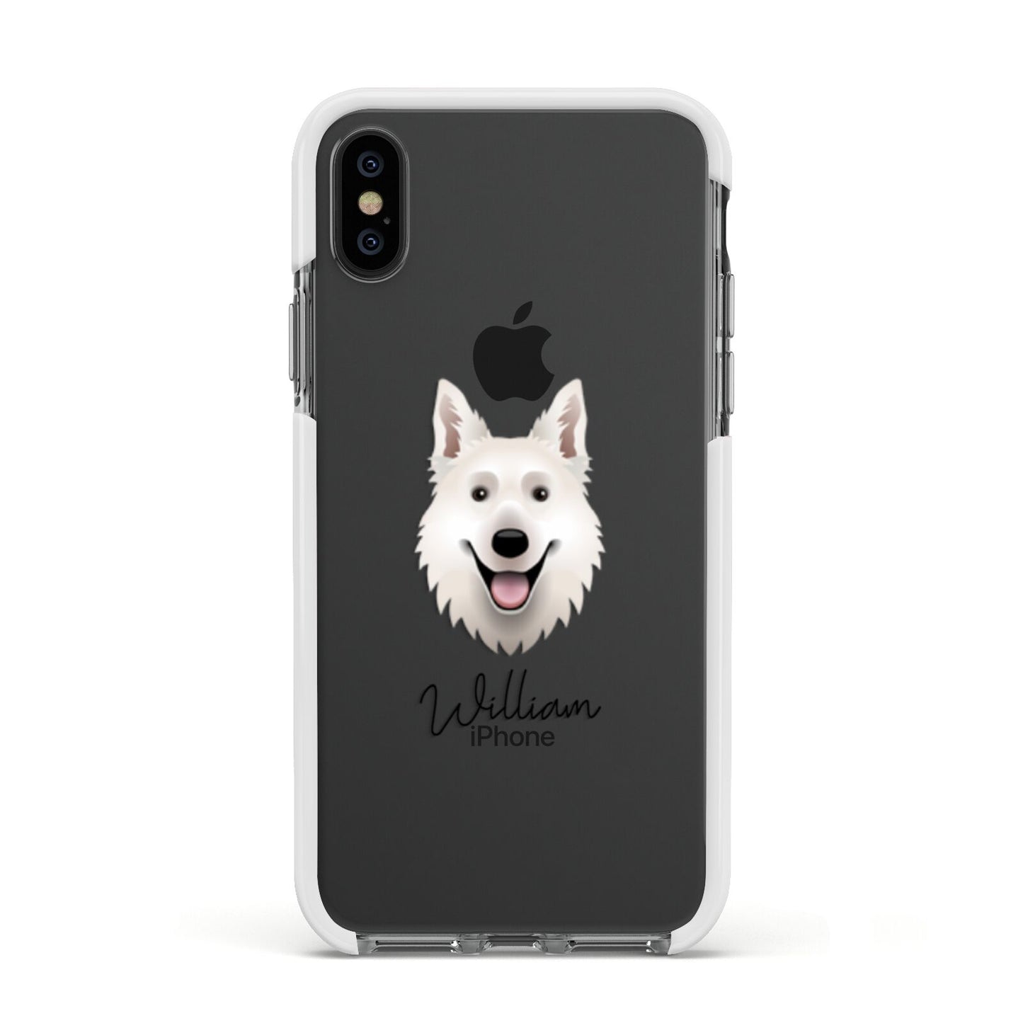 White Swiss Shepherd Dog Personalised Apple iPhone Xs Impact Case White Edge on Black Phone