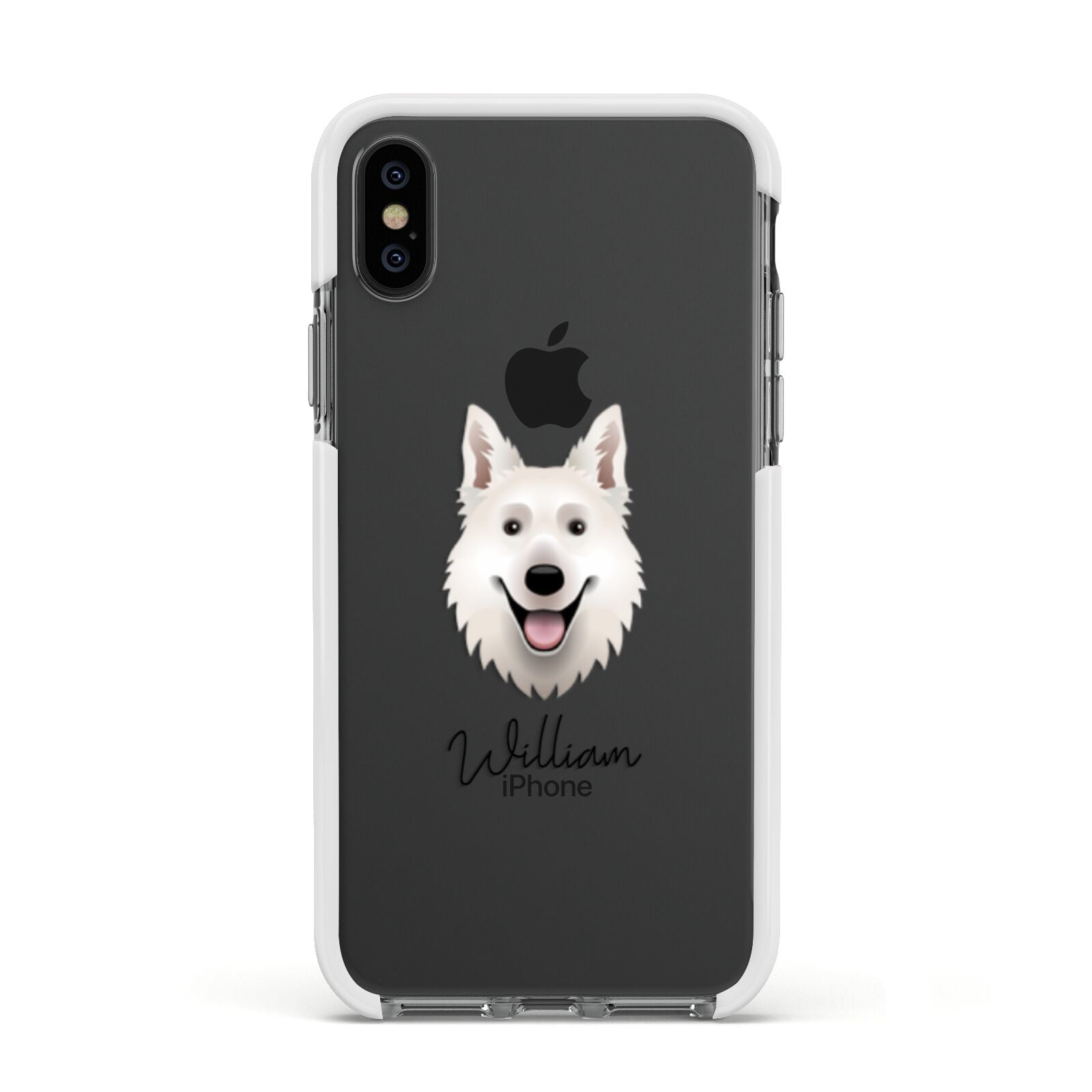 White Swiss Shepherd Dog Personalised Apple iPhone Xs Impact Case White Edge on Black Phone