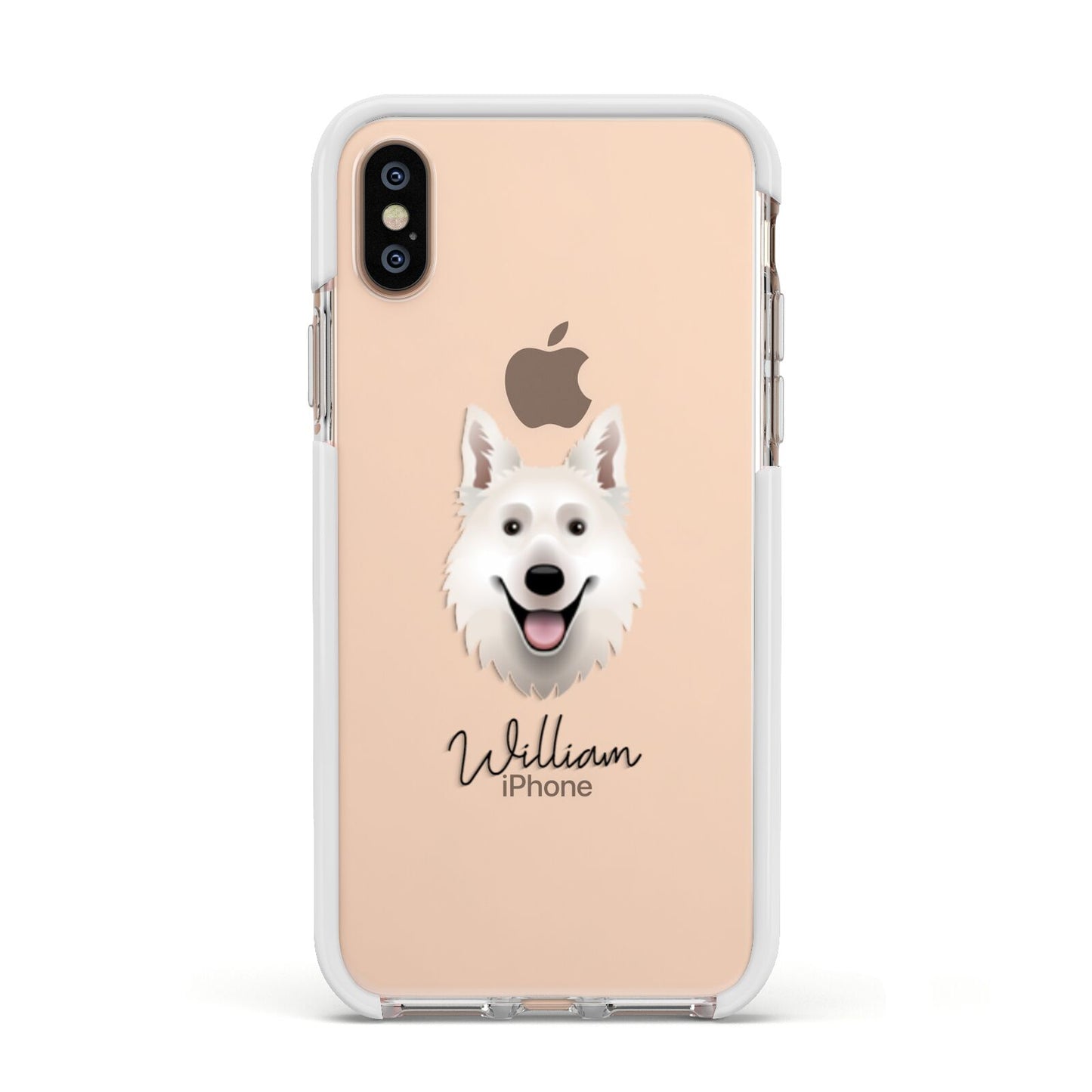 White Swiss Shepherd Dog Personalised Apple iPhone Xs Impact Case White Edge on Gold Phone