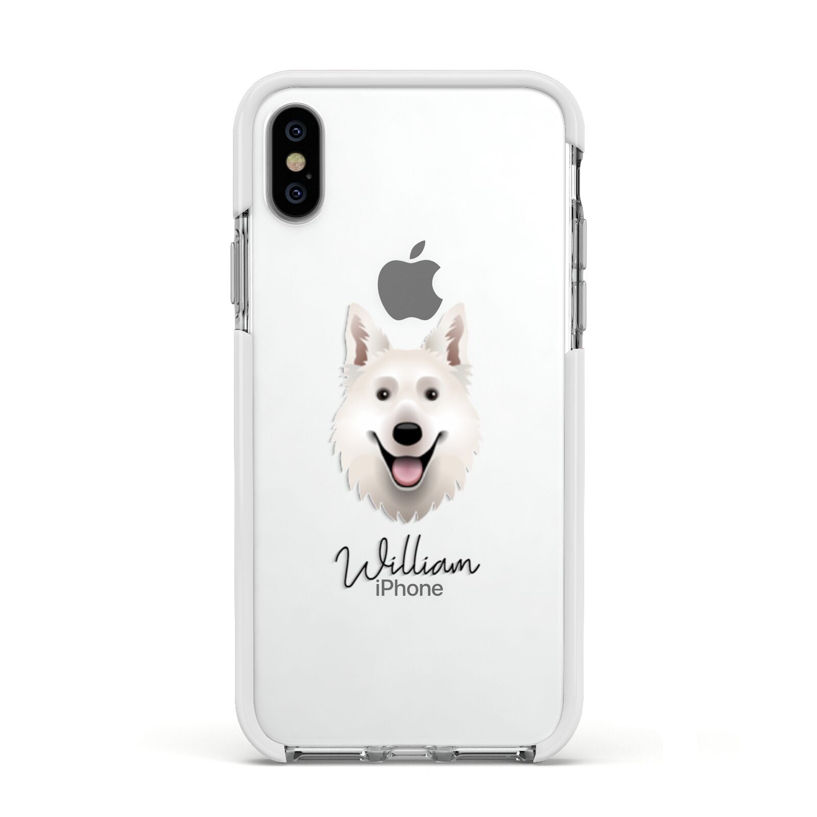 White Swiss Shepherd Dog Personalised Apple iPhone Xs Impact Case White Edge on Silver Phone