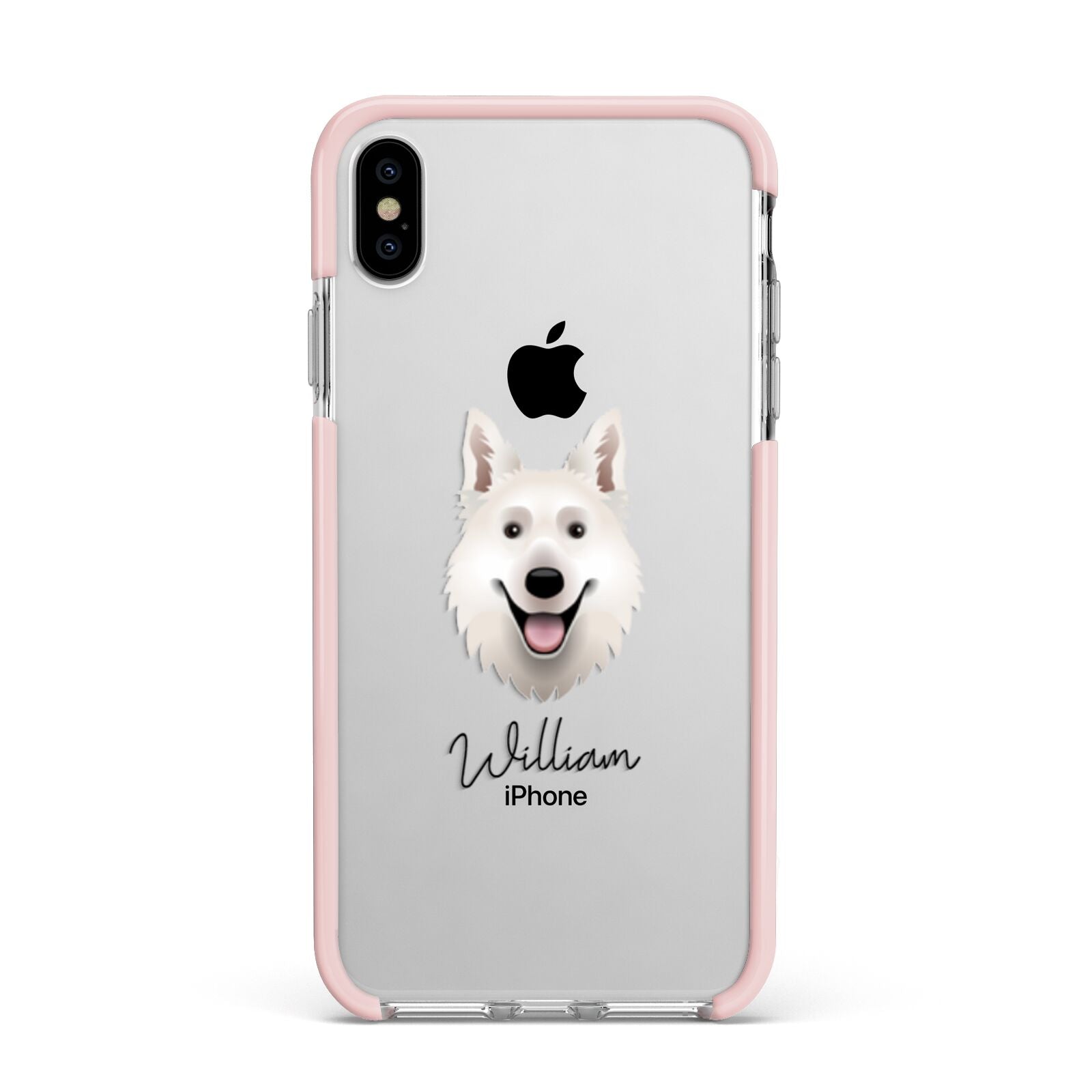 White Swiss Shepherd Dog Personalised Apple iPhone Xs Max Impact Case Pink Edge on Silver Phone