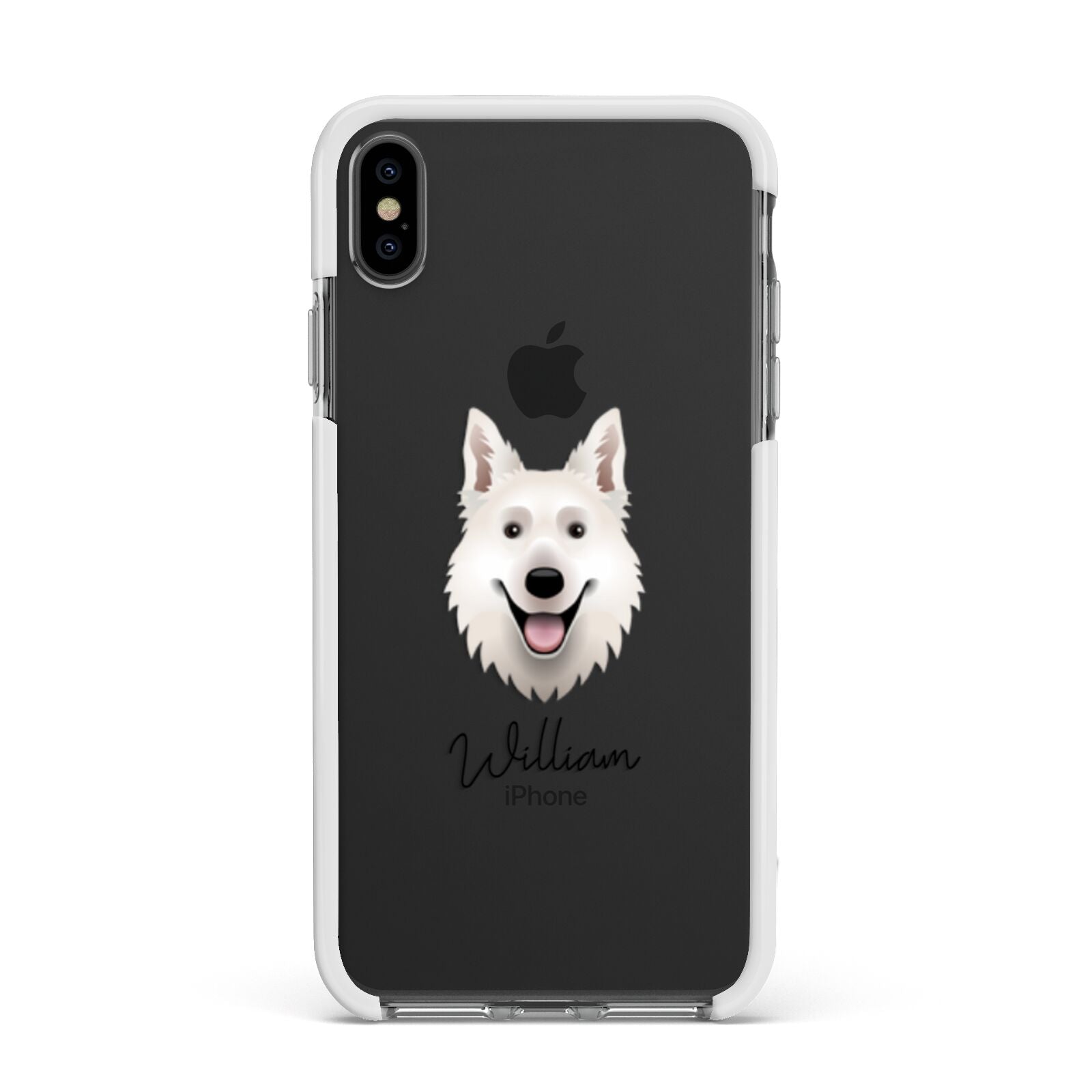 White Swiss Shepherd Dog Personalised Apple iPhone Xs Max Impact Case White Edge on Black Phone