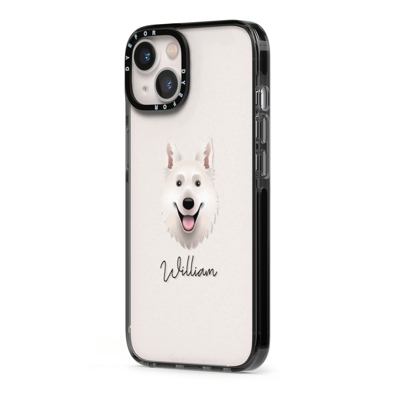White Swiss Shepherd Dog Personalised iPhone 13 Black Impact Case Side Angle on Silver phone