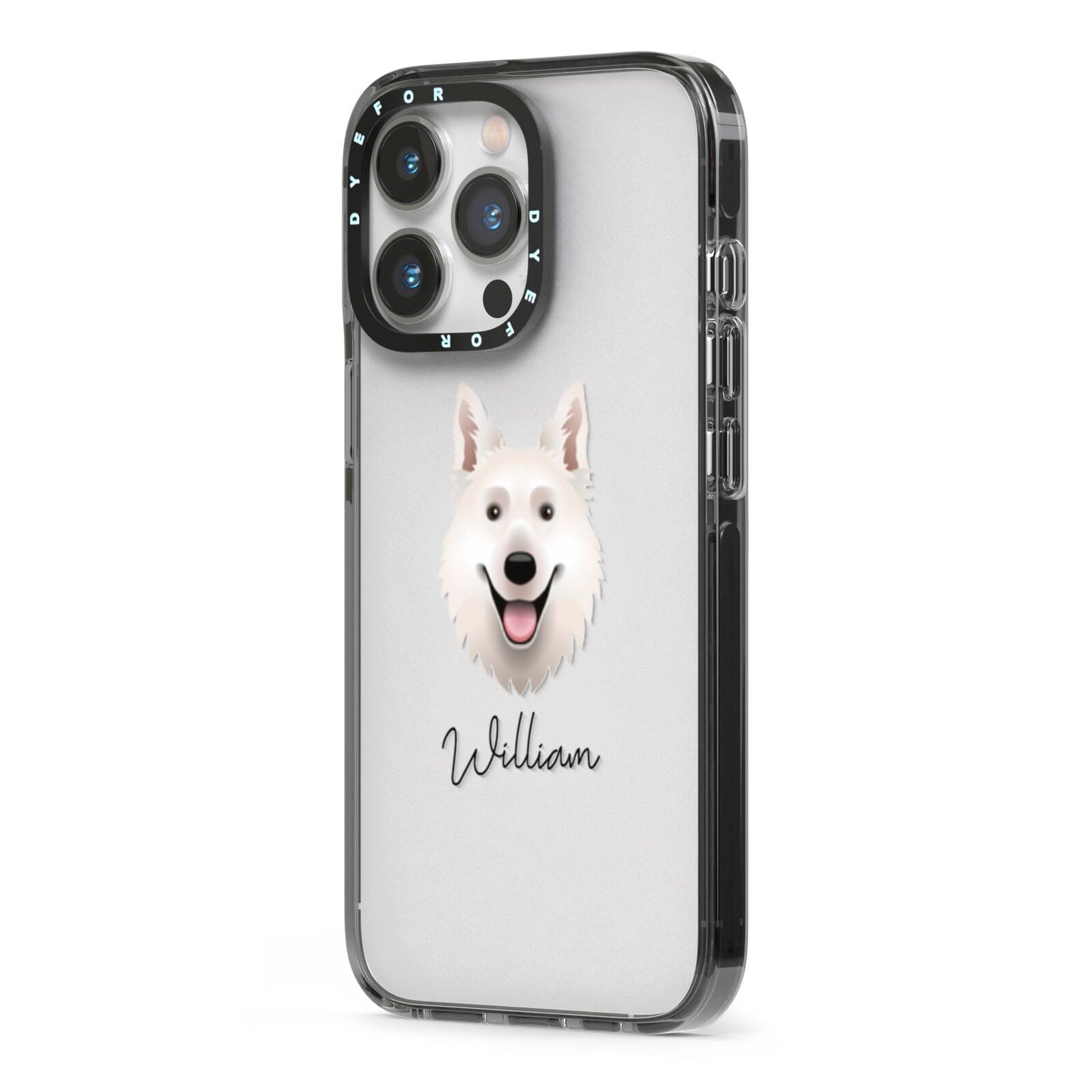 White Swiss Shepherd Dog Personalised iPhone 13 Pro Black Impact Case Side Angle on Silver phone