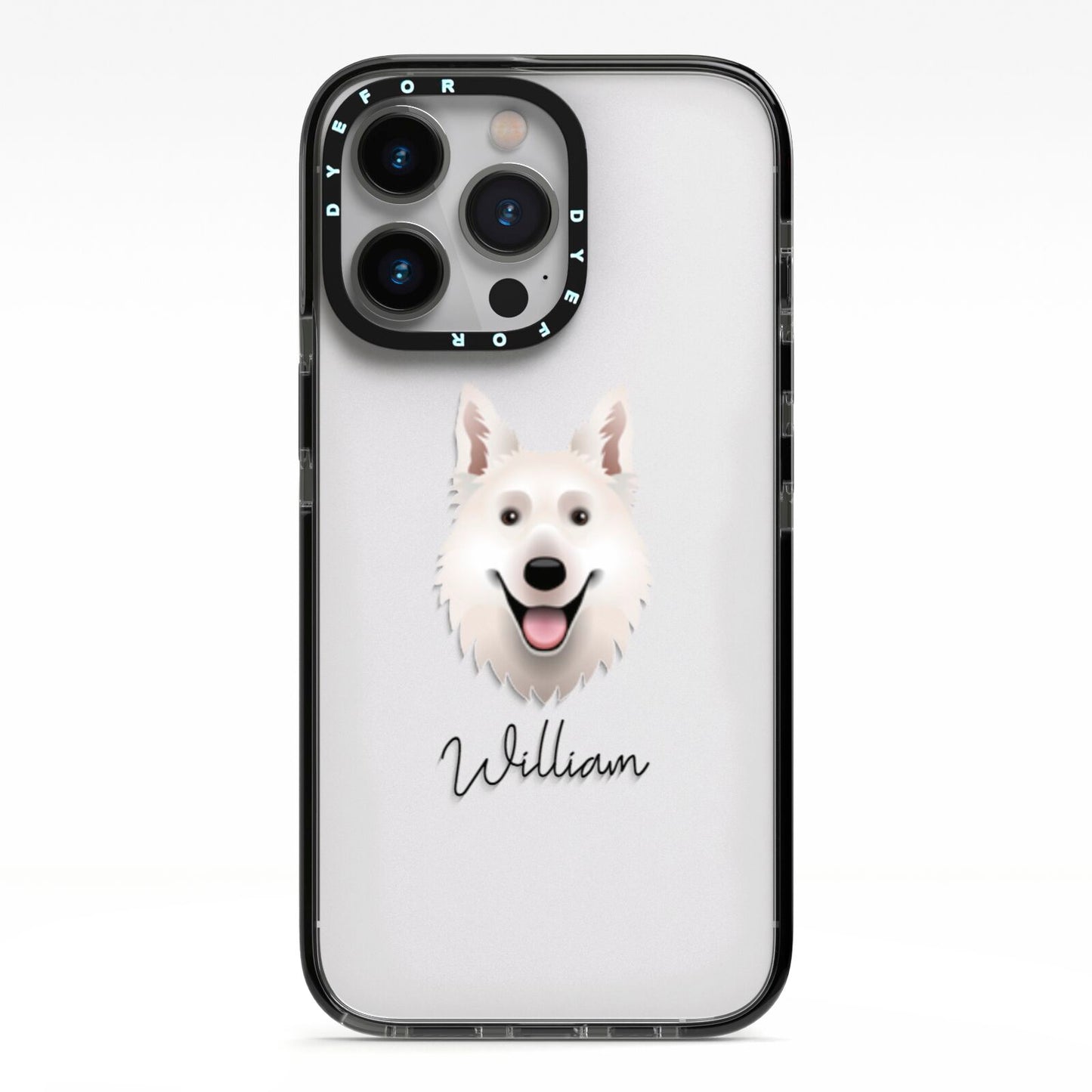 White Swiss Shepherd Dog Personalised iPhone 13 Pro Black Impact Case on Silver phone
