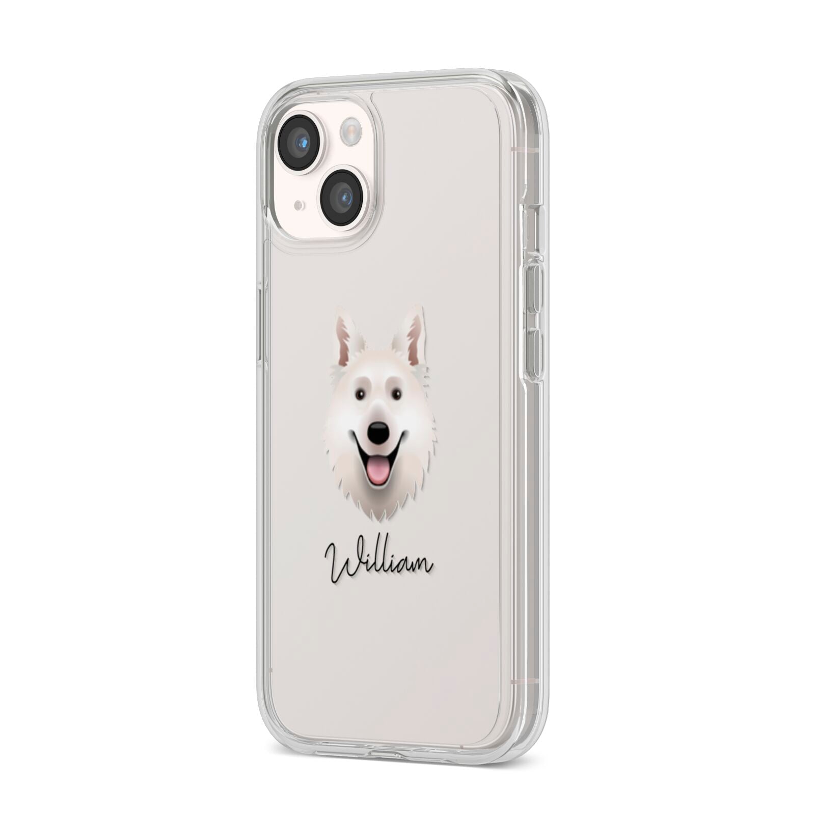White Swiss Shepherd Dog Personalised iPhone 14 Clear Tough Case Starlight Angled Image