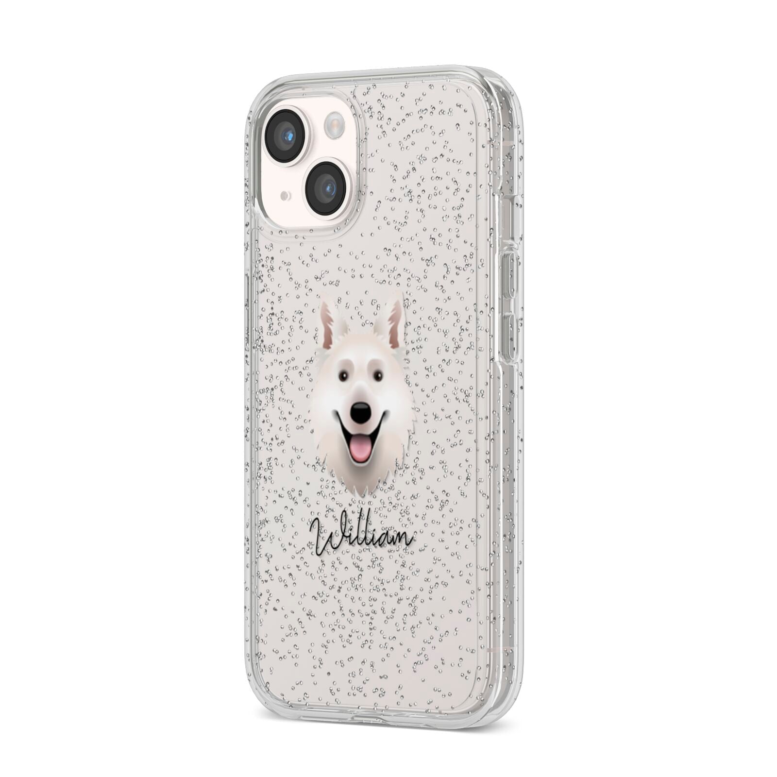 White Swiss Shepherd Dog Personalised iPhone 14 Glitter Tough Case Starlight Angled Image