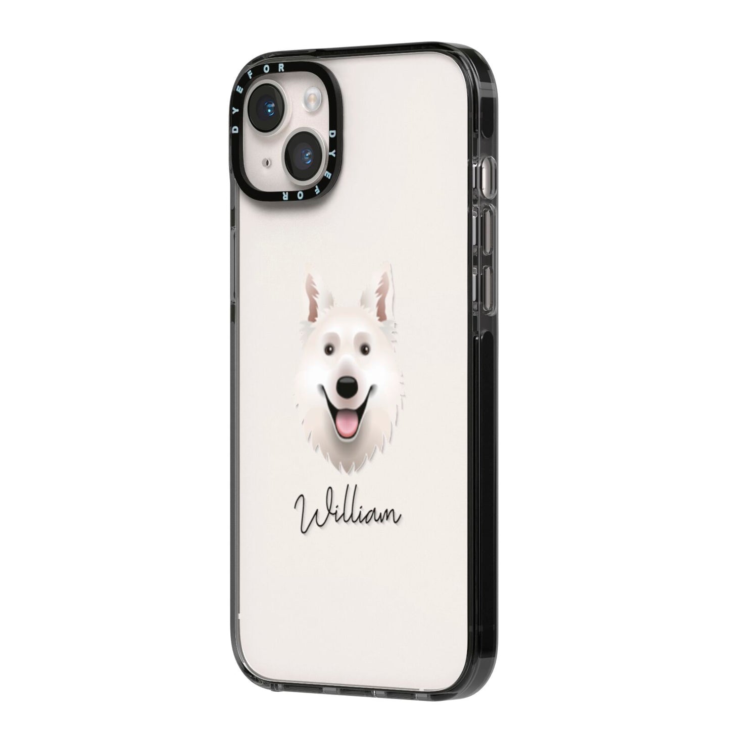 White Swiss Shepherd Dog Personalised iPhone 14 Plus Black Impact Case Side Angle on Silver phone