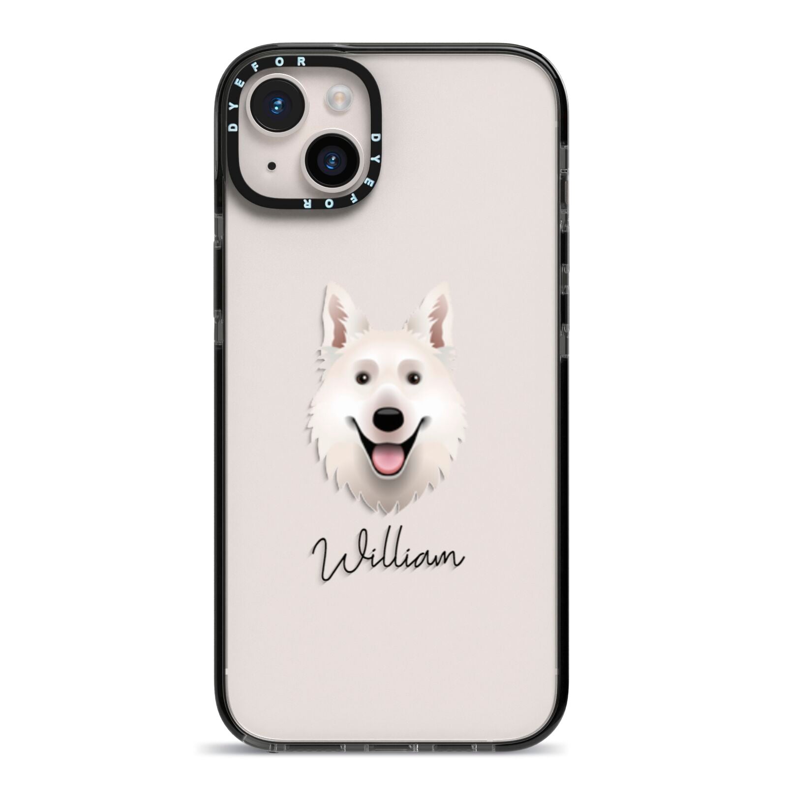 White Swiss Shepherd Dog Personalised iPhone 14 Plus Black Impact Case on Silver phone