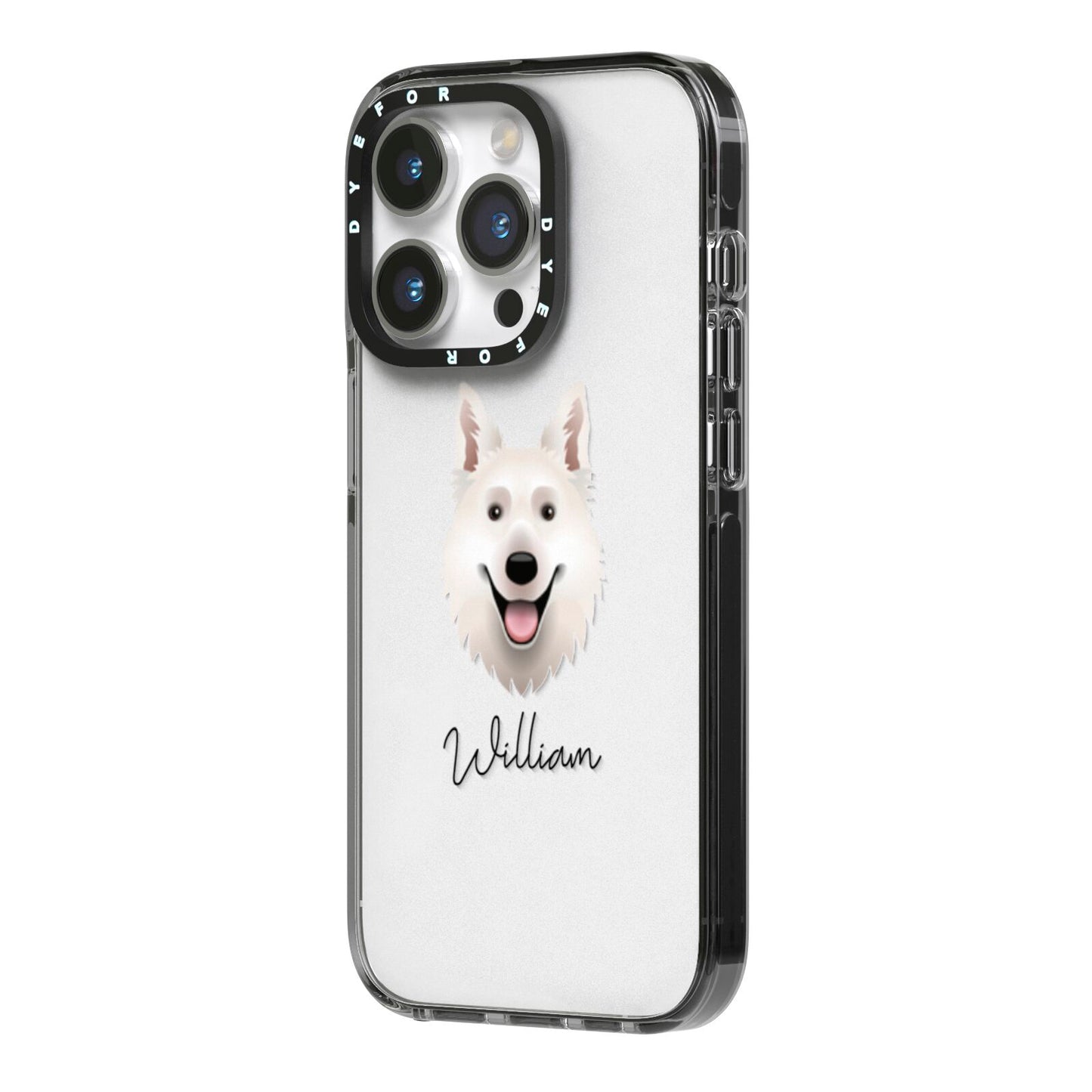 White Swiss Shepherd Dog Personalised iPhone 14 Pro Black Impact Case Side Angle on Silver phone