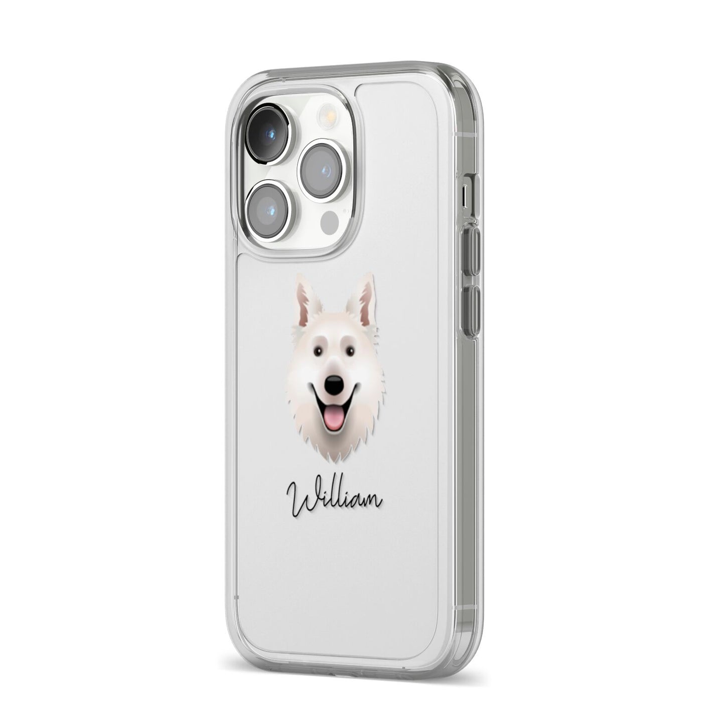 White Swiss Shepherd Dog Personalised iPhone 14 Pro Clear Tough Case Silver Angled Image