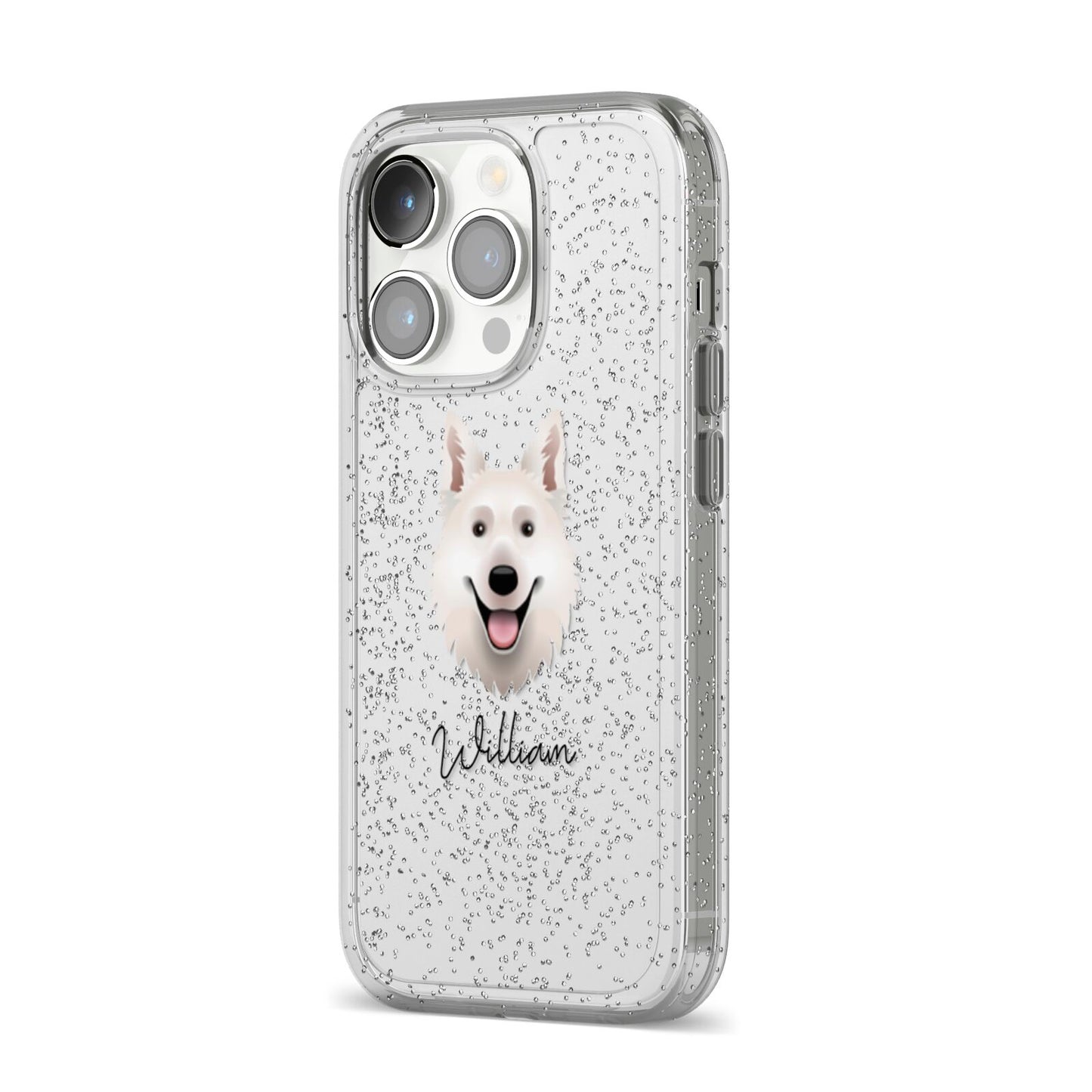White Swiss Shepherd Dog Personalised iPhone 14 Pro Glitter Tough Case Silver Angled Image