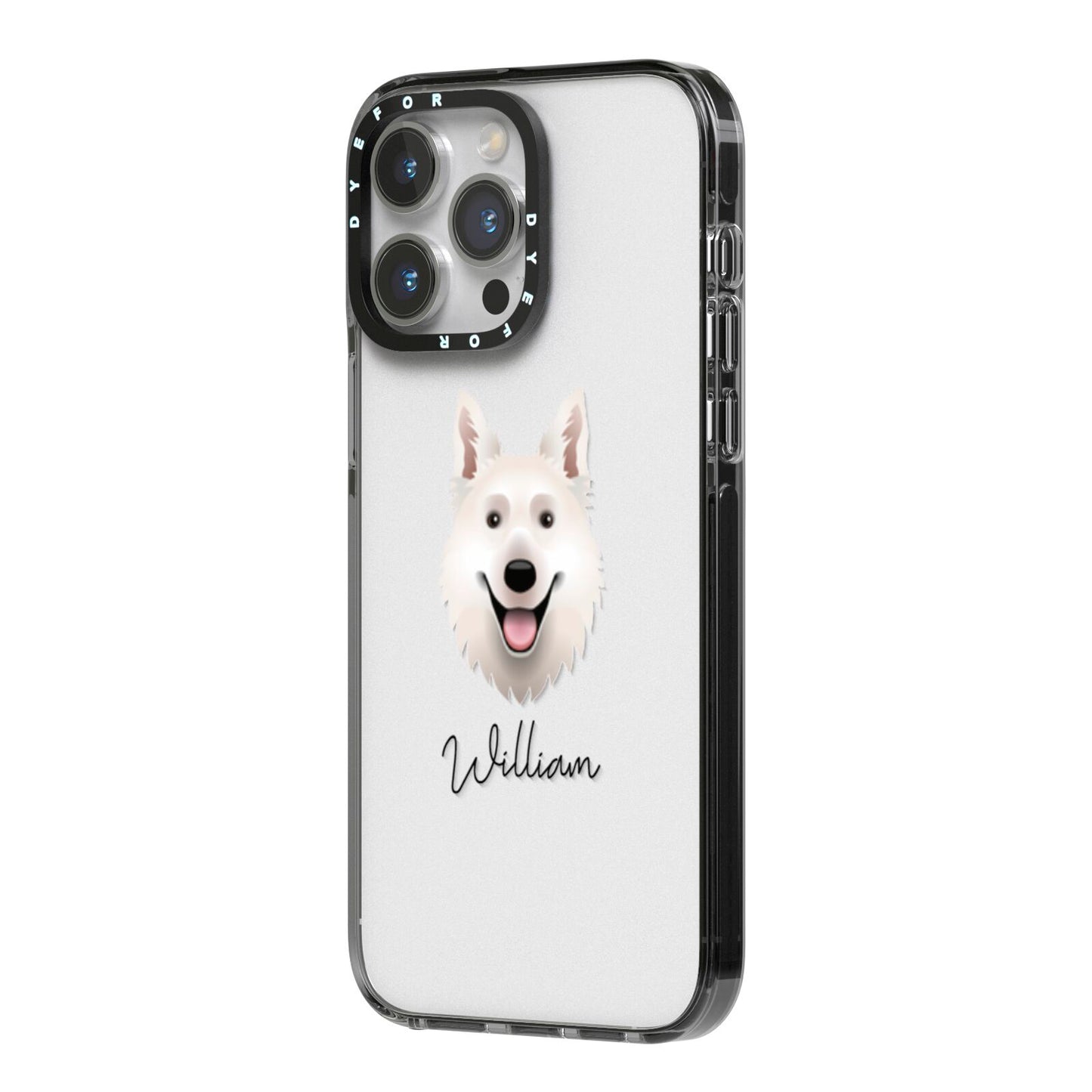 White Swiss Shepherd Dog Personalised iPhone 14 Pro Max Black Impact Case Side Angle on Silver phone