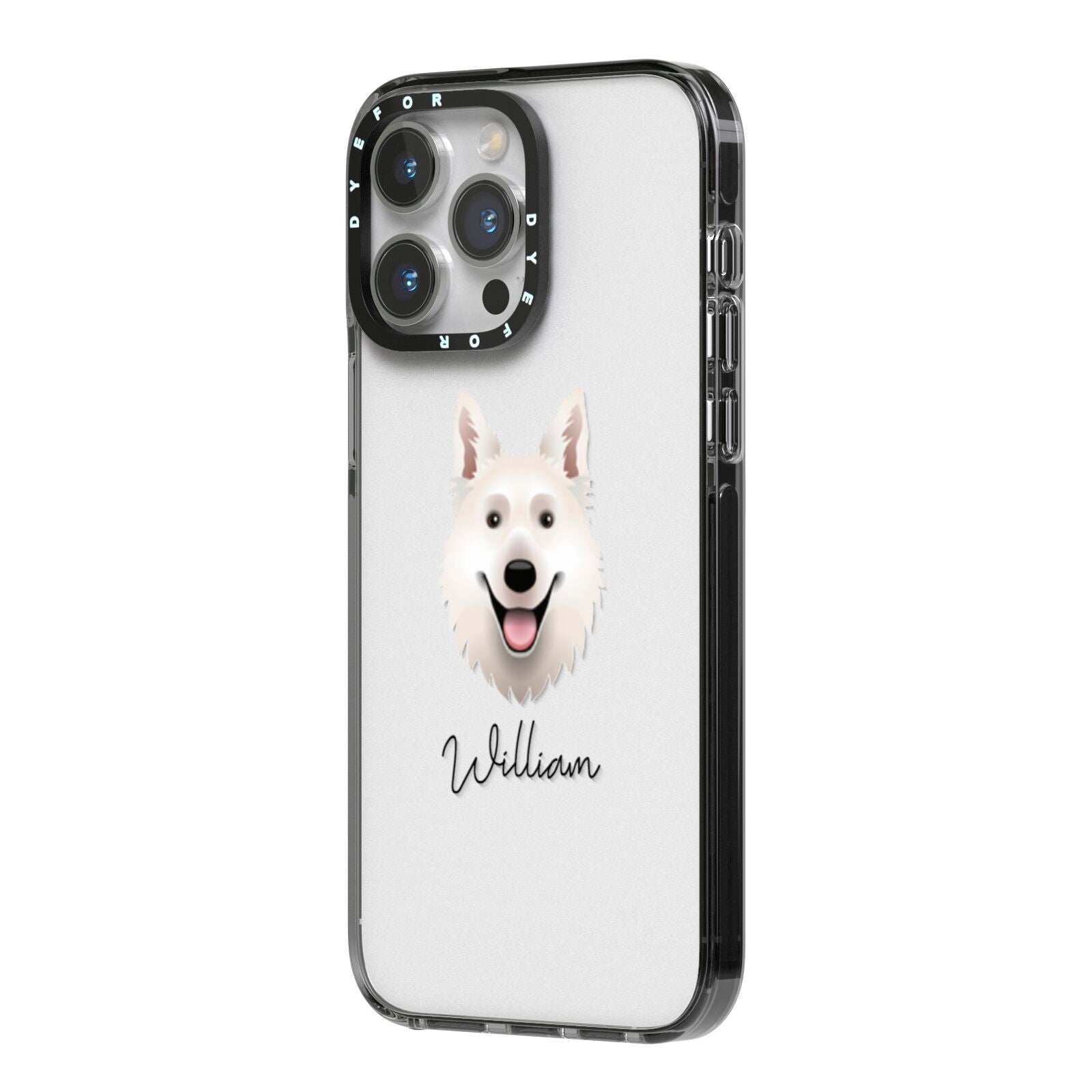 White Swiss Shepherd Dog Personalised iPhone 14 Pro Max Black Impact Case Side Angle on Silver phone