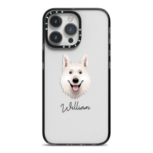 White Swiss Shepherd Dog Personalised iPhone 14 Pro Max Black Impact Case on Silver phone