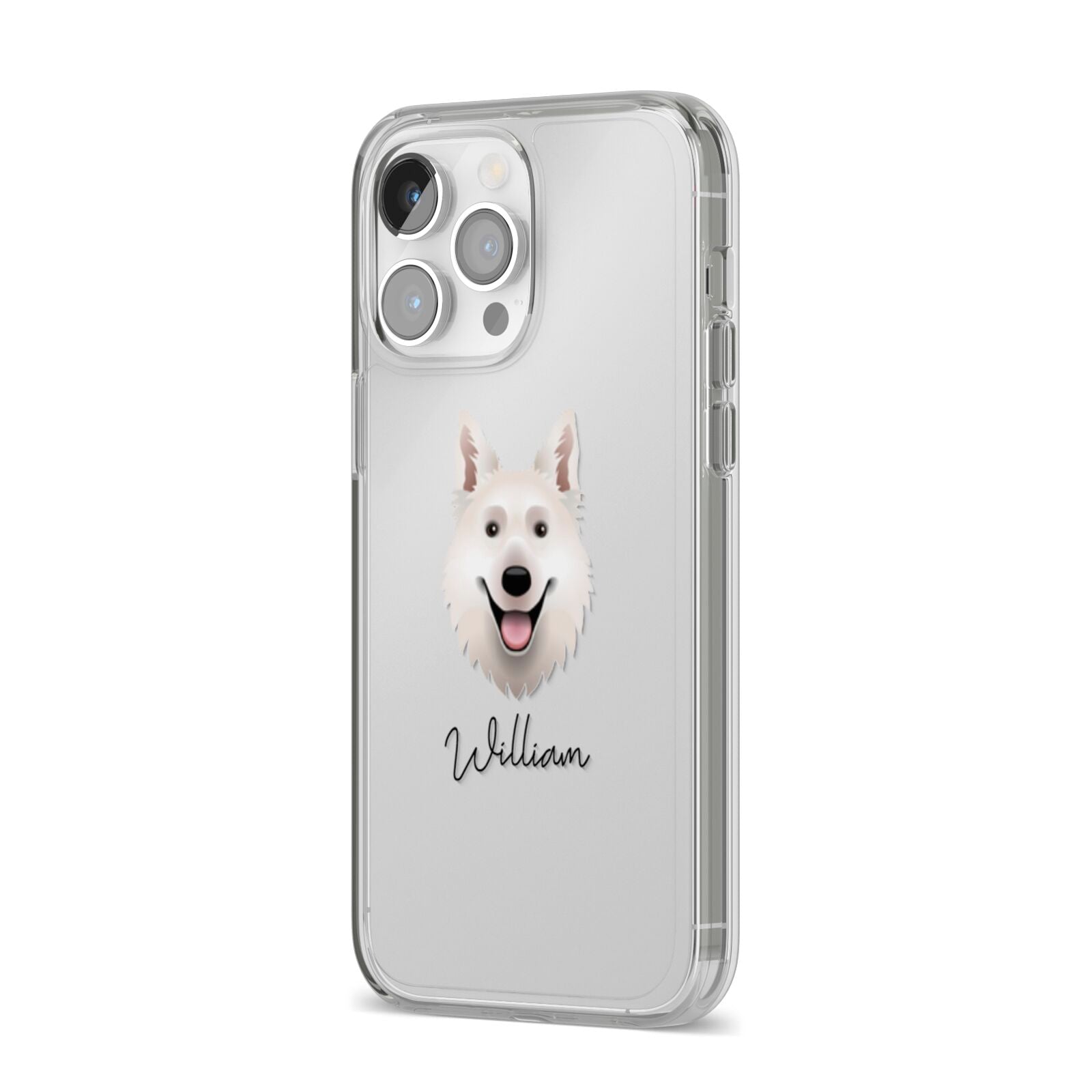 White Swiss Shepherd Dog Personalised iPhone 14 Pro Max Clear Tough Case Silver Angled Image