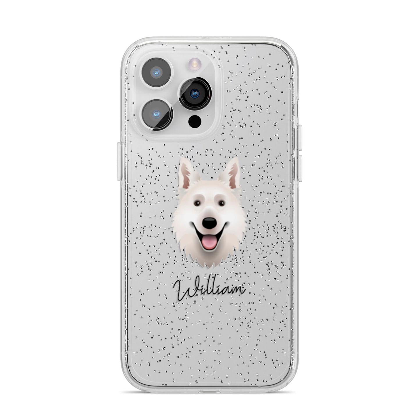 White Swiss Shepherd Dog Personalised iPhone 14 Pro Max Glitter Tough Case Silver