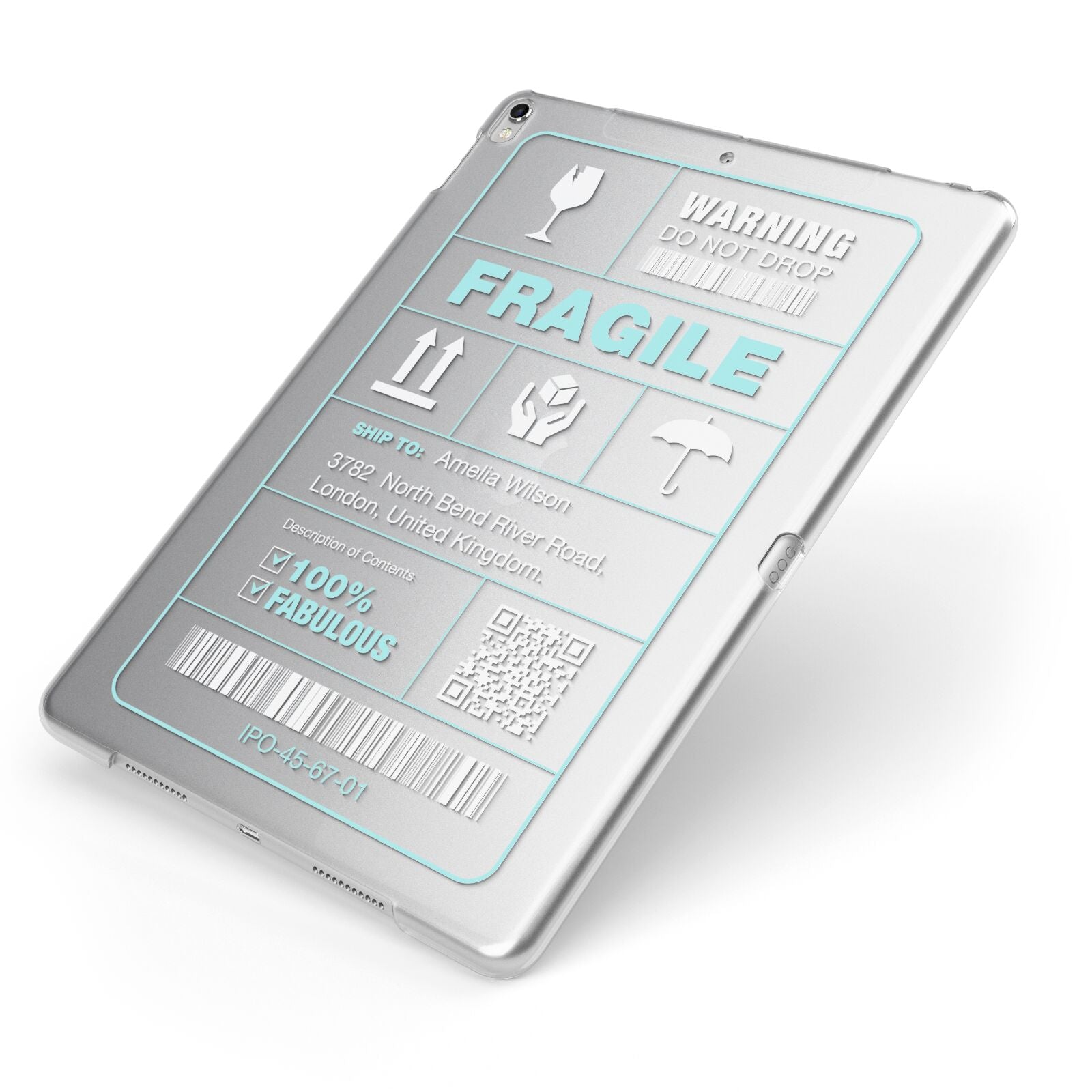 White and Blue Parcel Label with Name Apple iPad Case on Silver iPad Side View