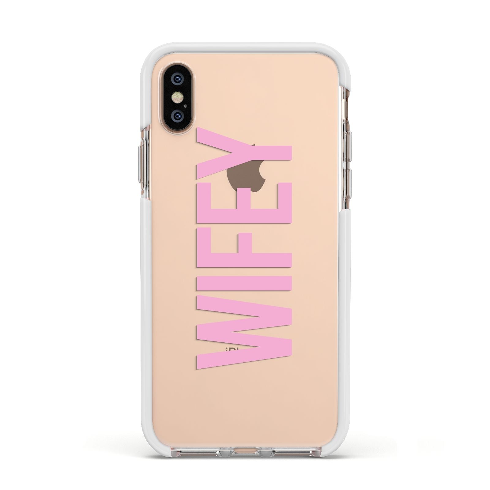 Wifey Pink Apple iPhone Xs Impact Case White Edge on Gold Phone