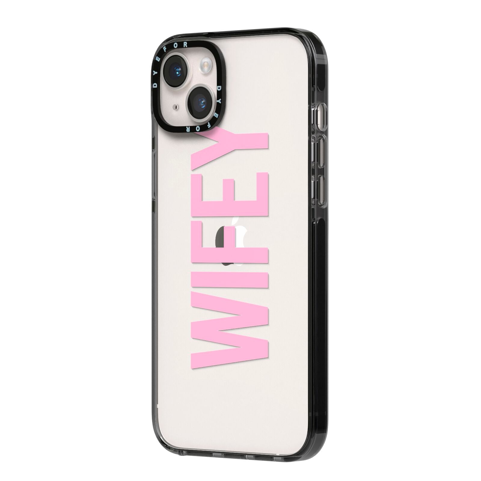 Wifey Pink iPhone 14 Plus Black Impact Case Side Angle on Silver phone