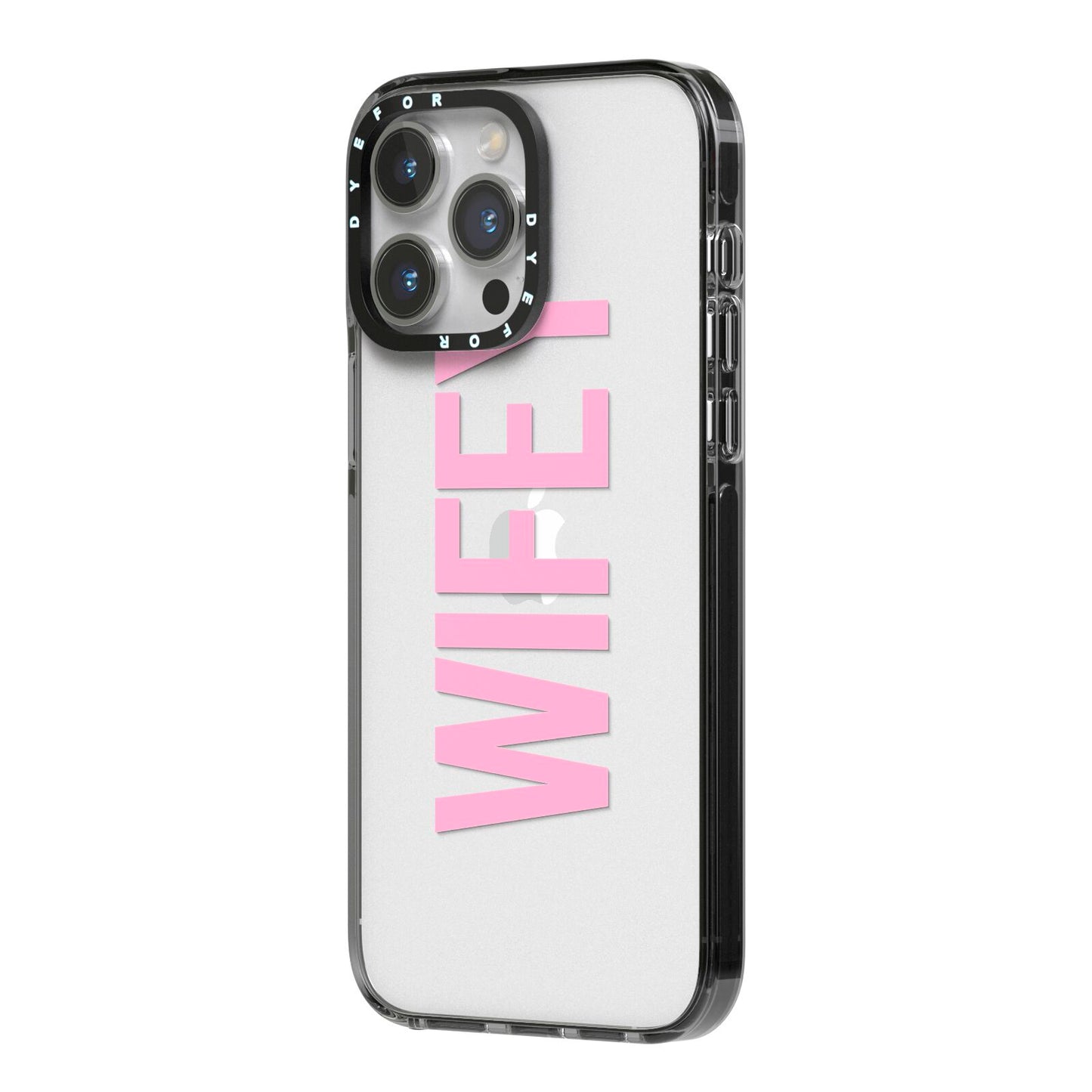 Wifey Pink iPhone 14 Pro Max Black Impact Case Side Angle on Silver phone