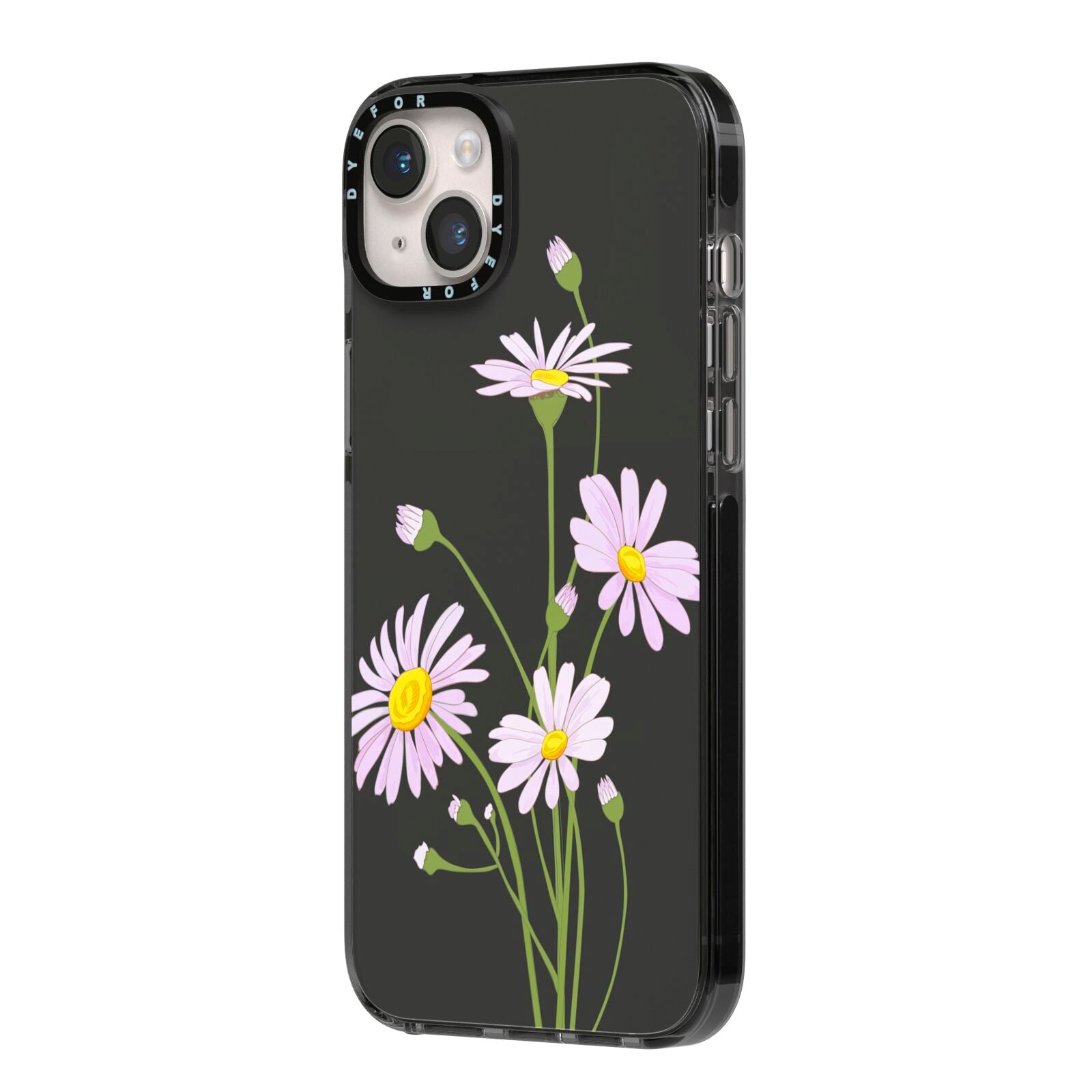 Wild Daisies iPhone 14 Plus Black Impact Case Side Angle on Silver phone