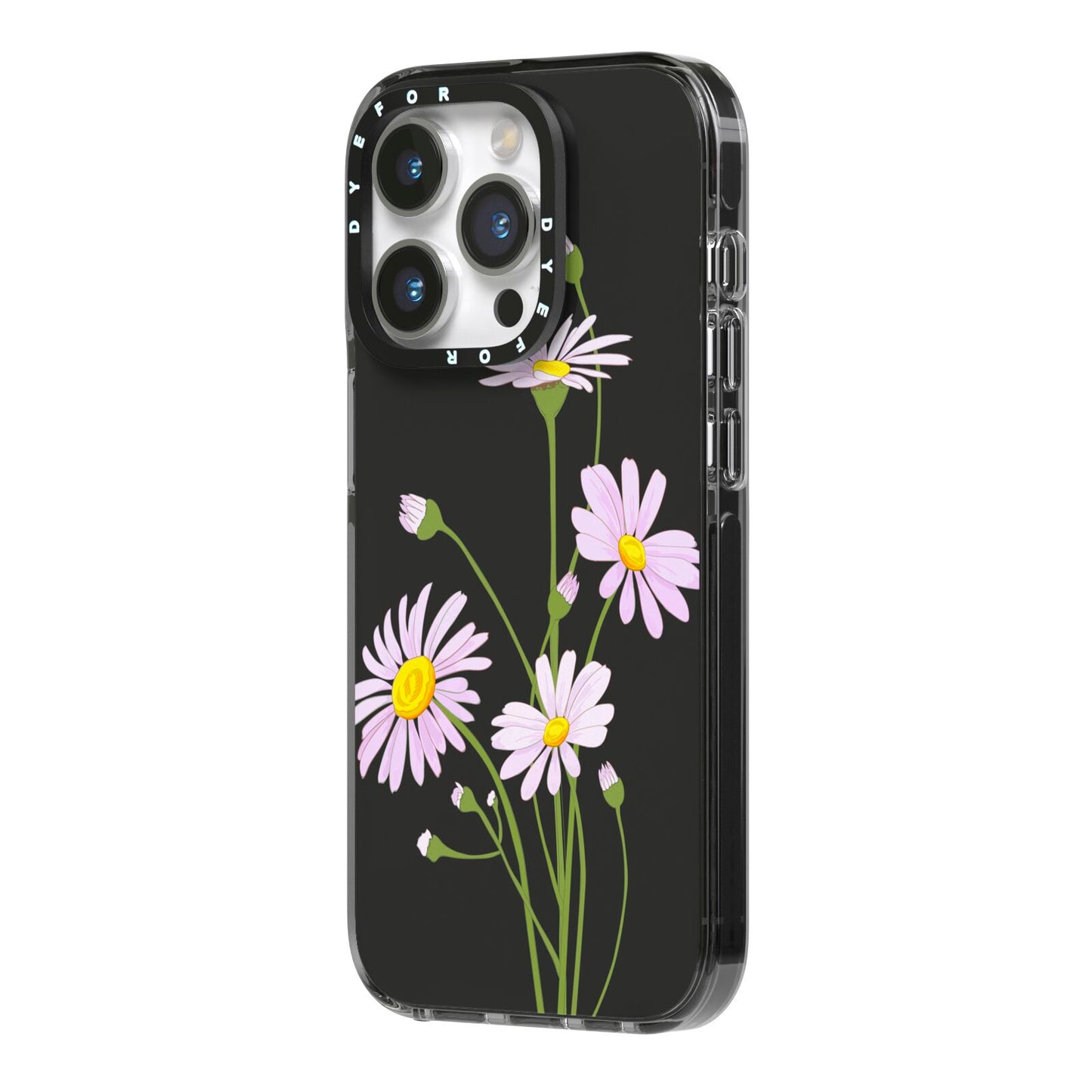 Wild Daisies iPhone 14 Pro Black Impact Case Side Angle on Silver phone